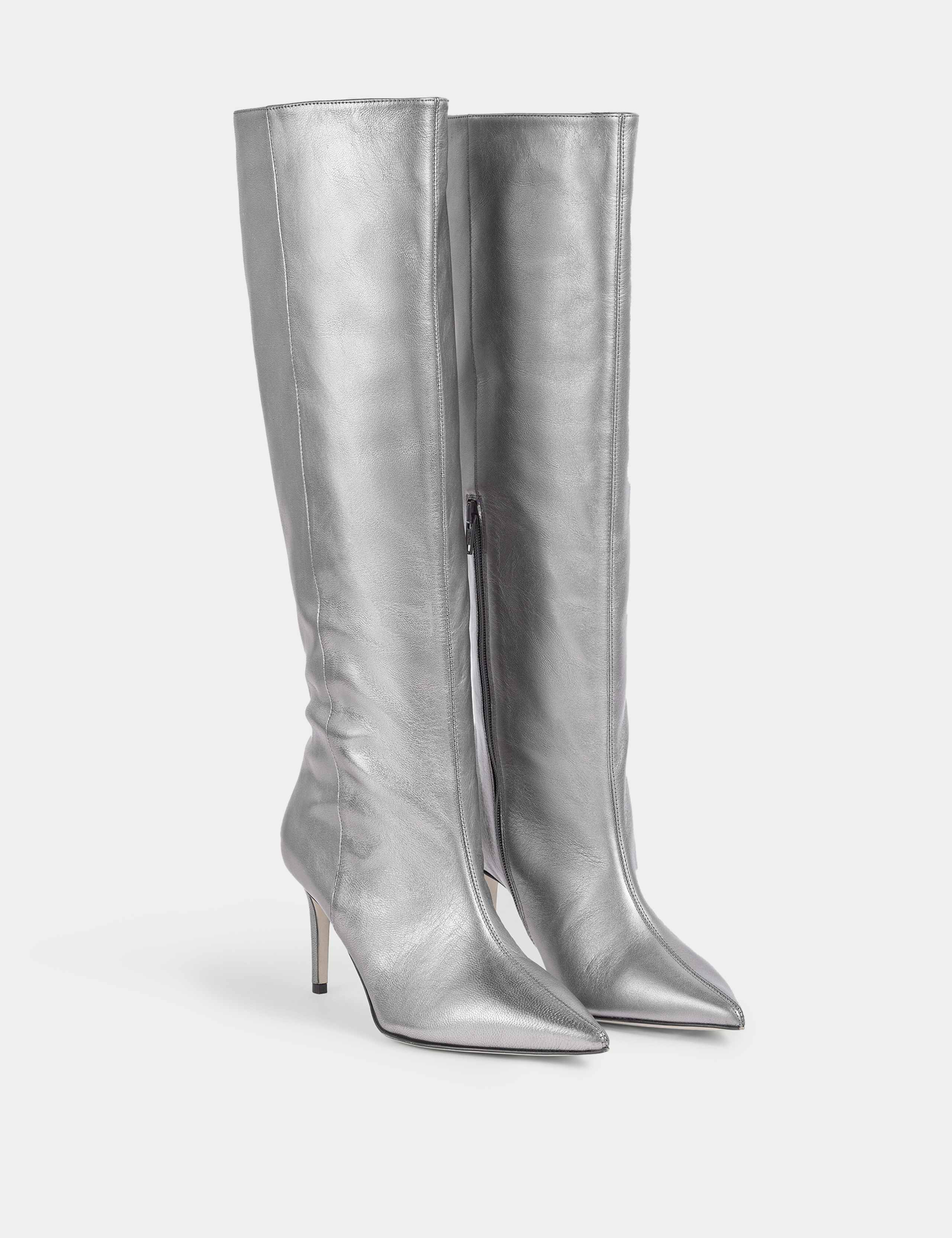 Leather Metallic Stiletto Heel Knee High Boots 1 of 6