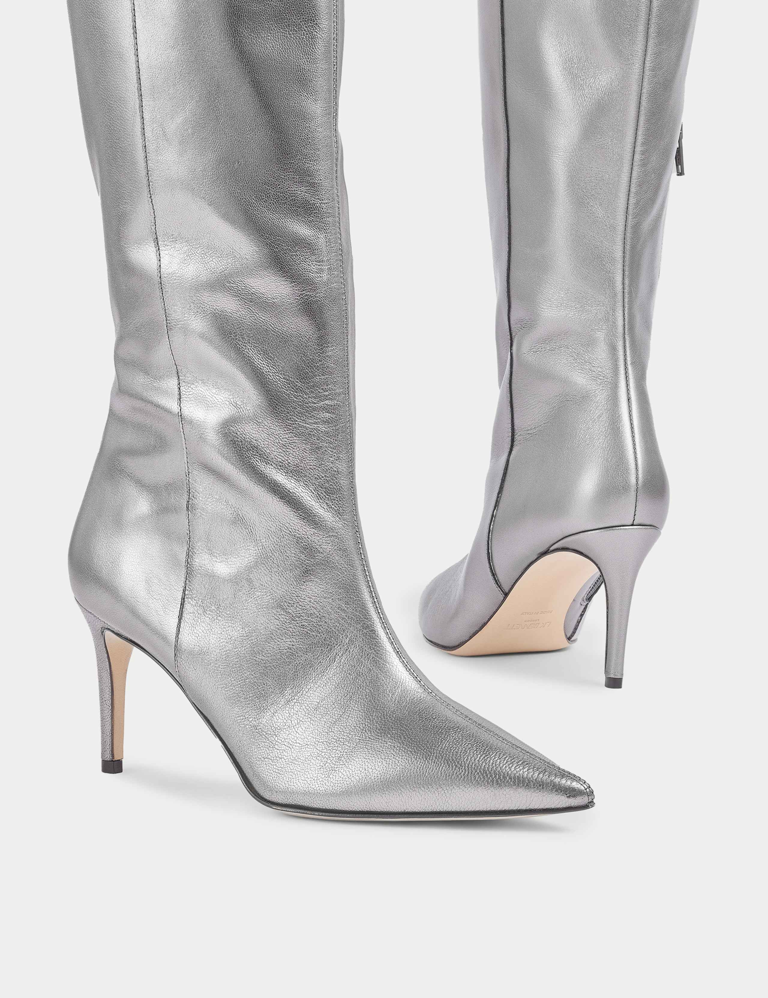 Leather Metallic Stiletto Heel Knee High Boots 4 of 6
