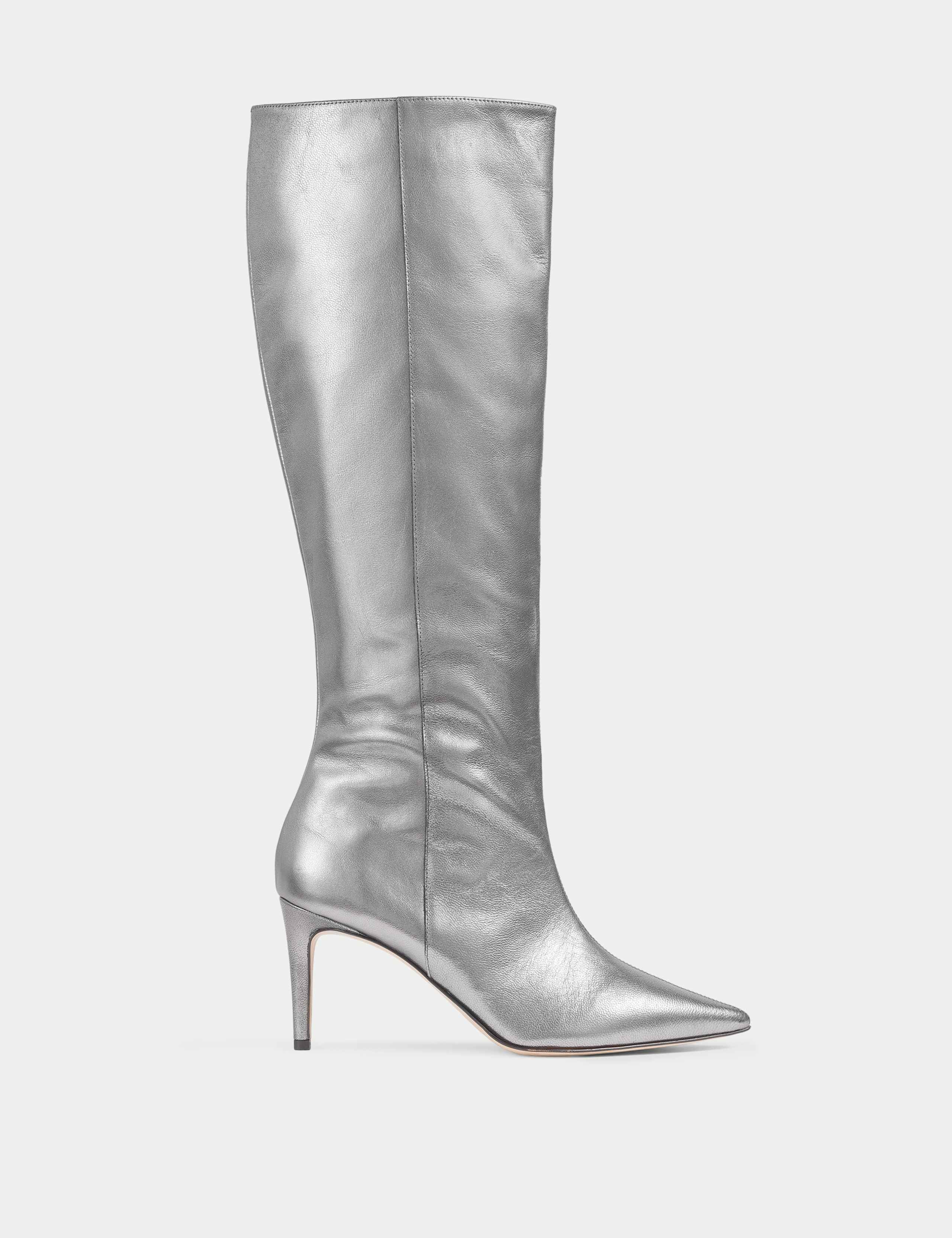 Leather Metallic Stiletto Heel Knee High Boots 2 of 6