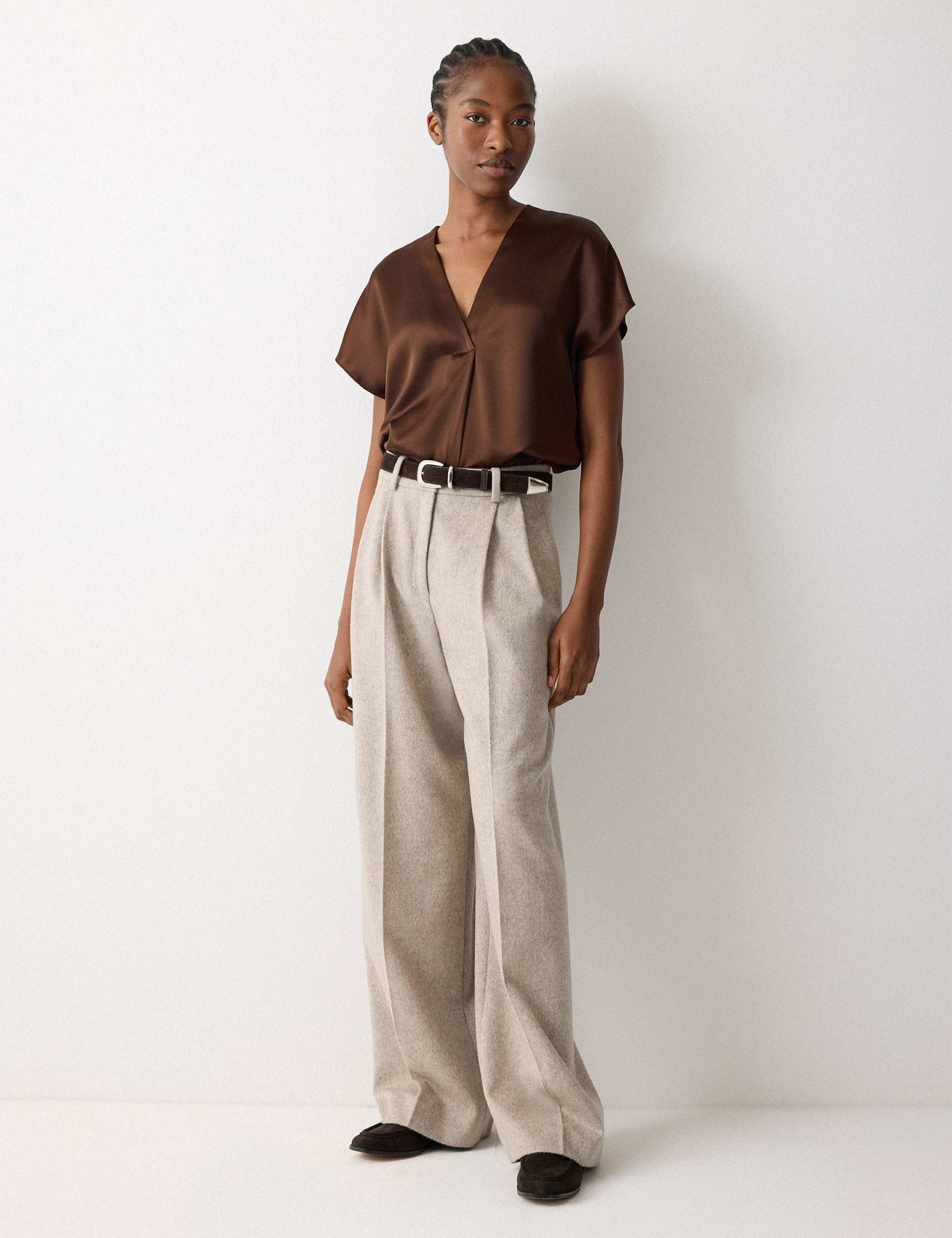 Satin V-Neck Pleat Front Relaxed Blouse 1 of 6