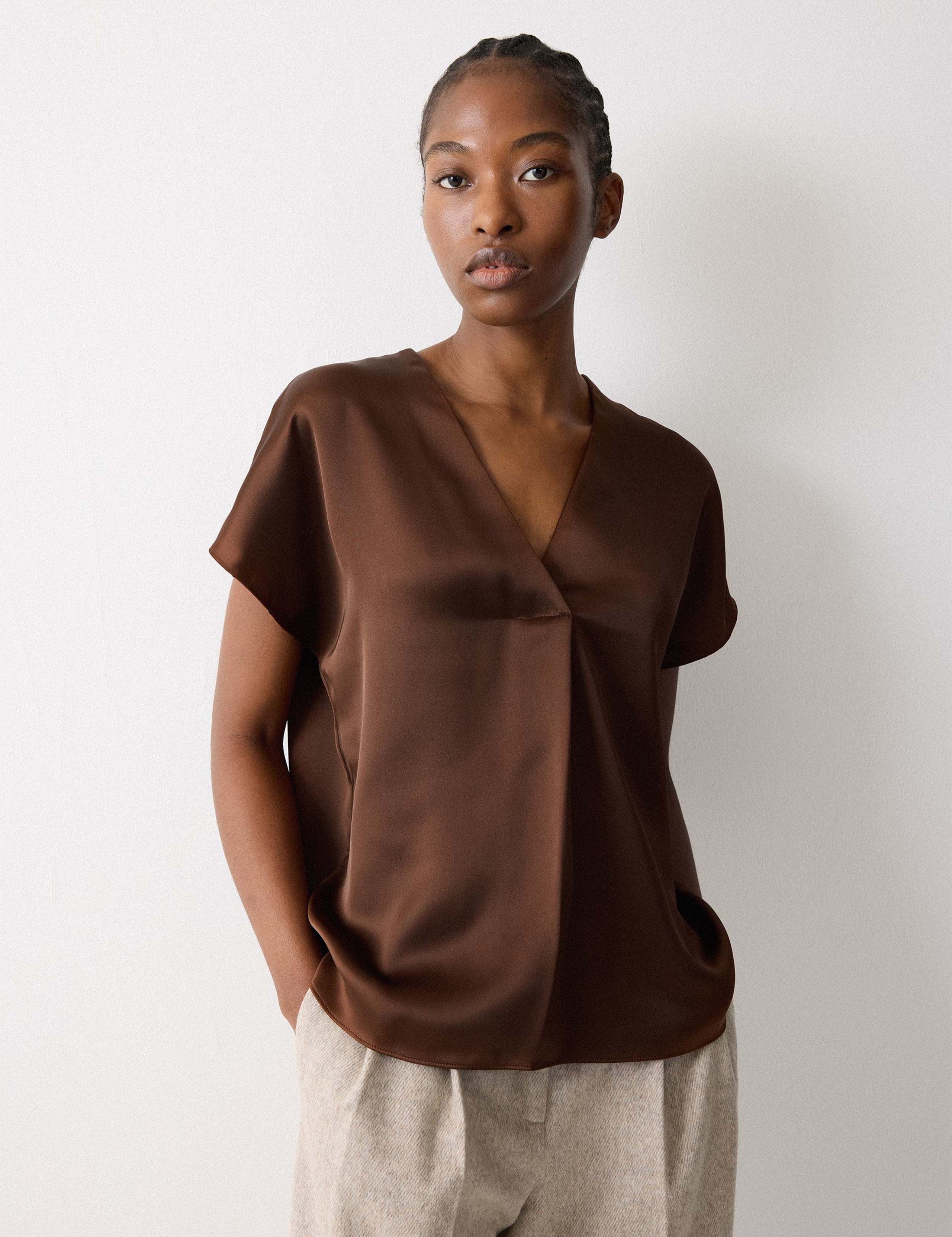 Satin V-Neck Pleat Front Relaxed Blouse 3 of 6