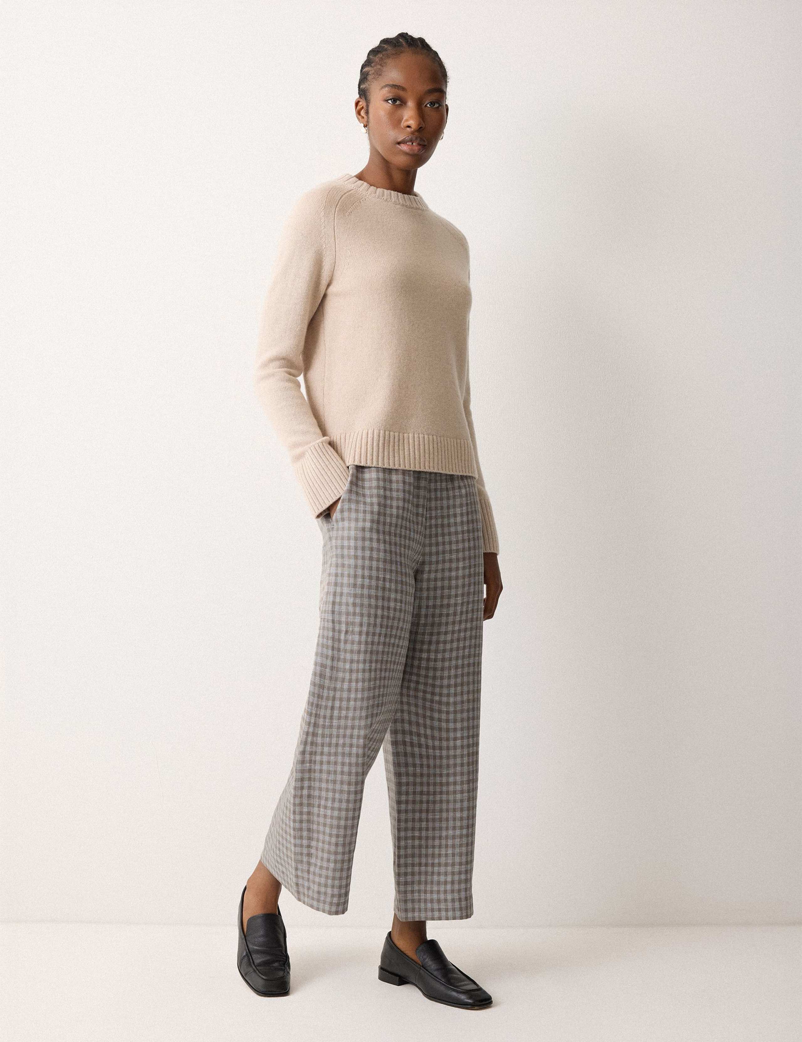 Pure Linen Checked Wide Leg Trousers 3 of 7
