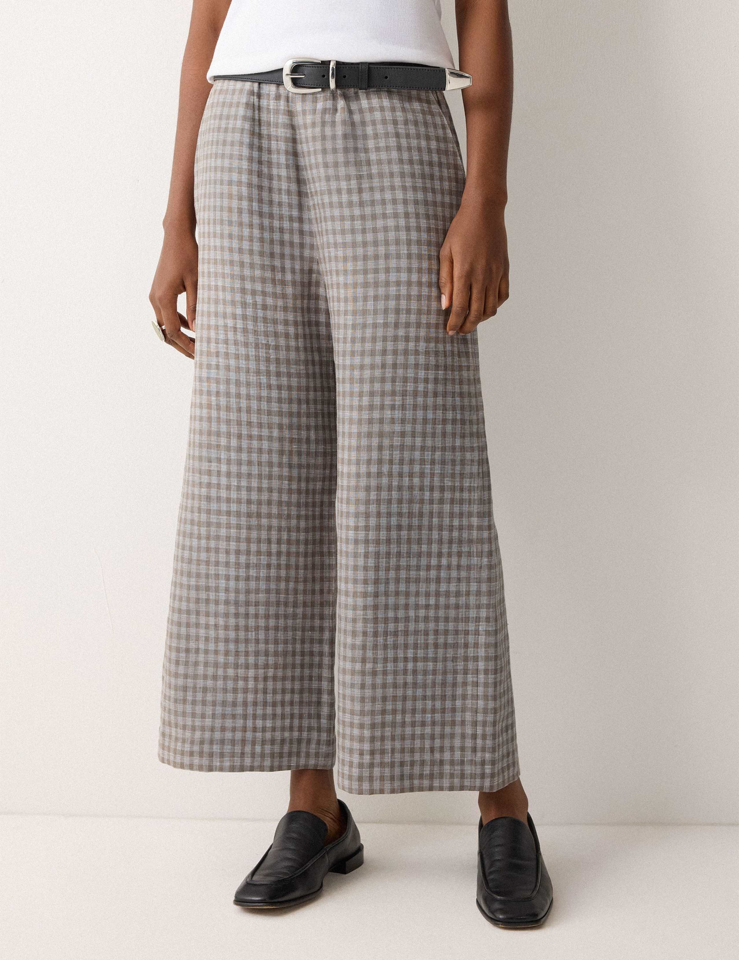 Pure Linen Checked Wide Leg Trousers 4 of 7
