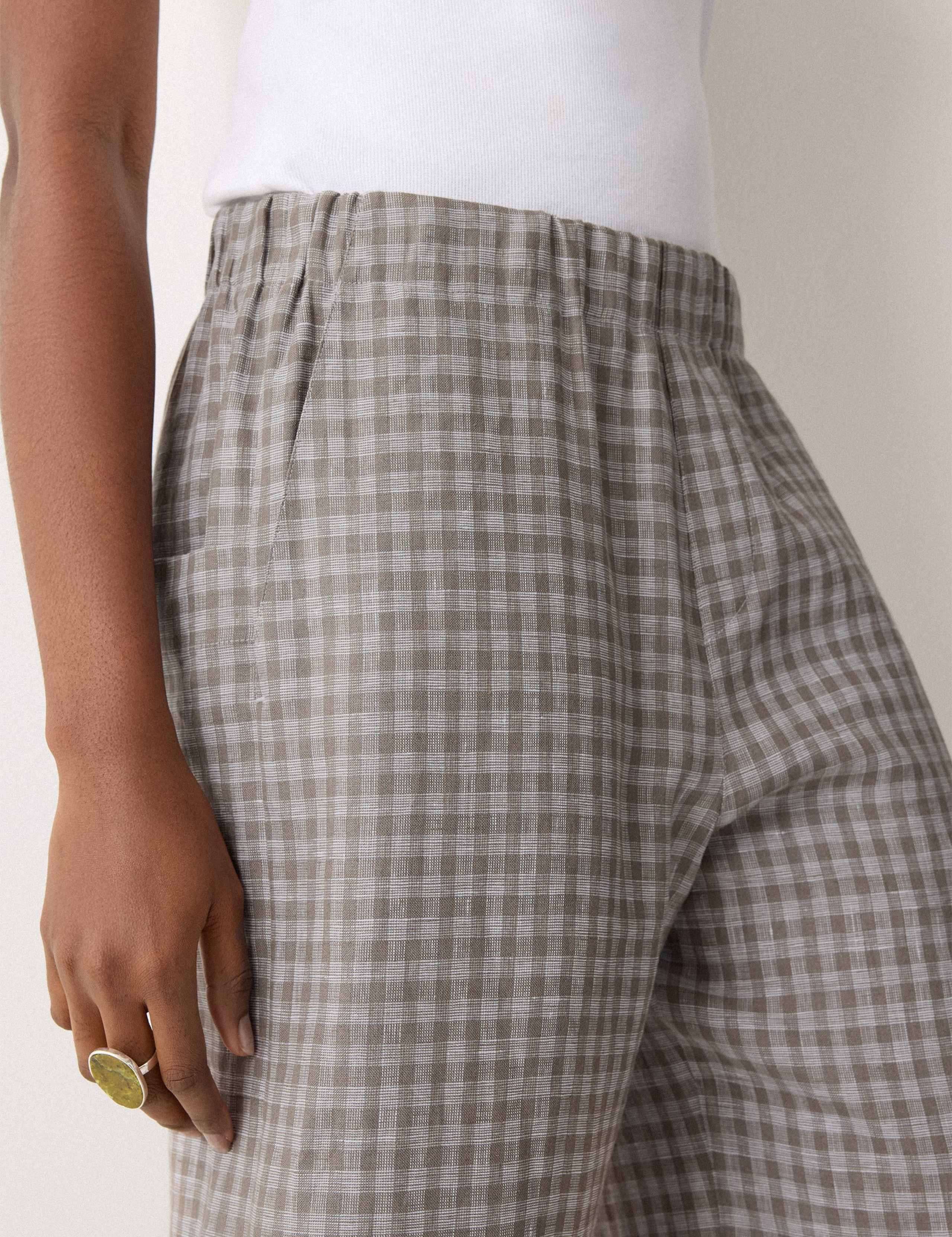 Pure Linen Checked Wide Leg Trousers 5 of 7