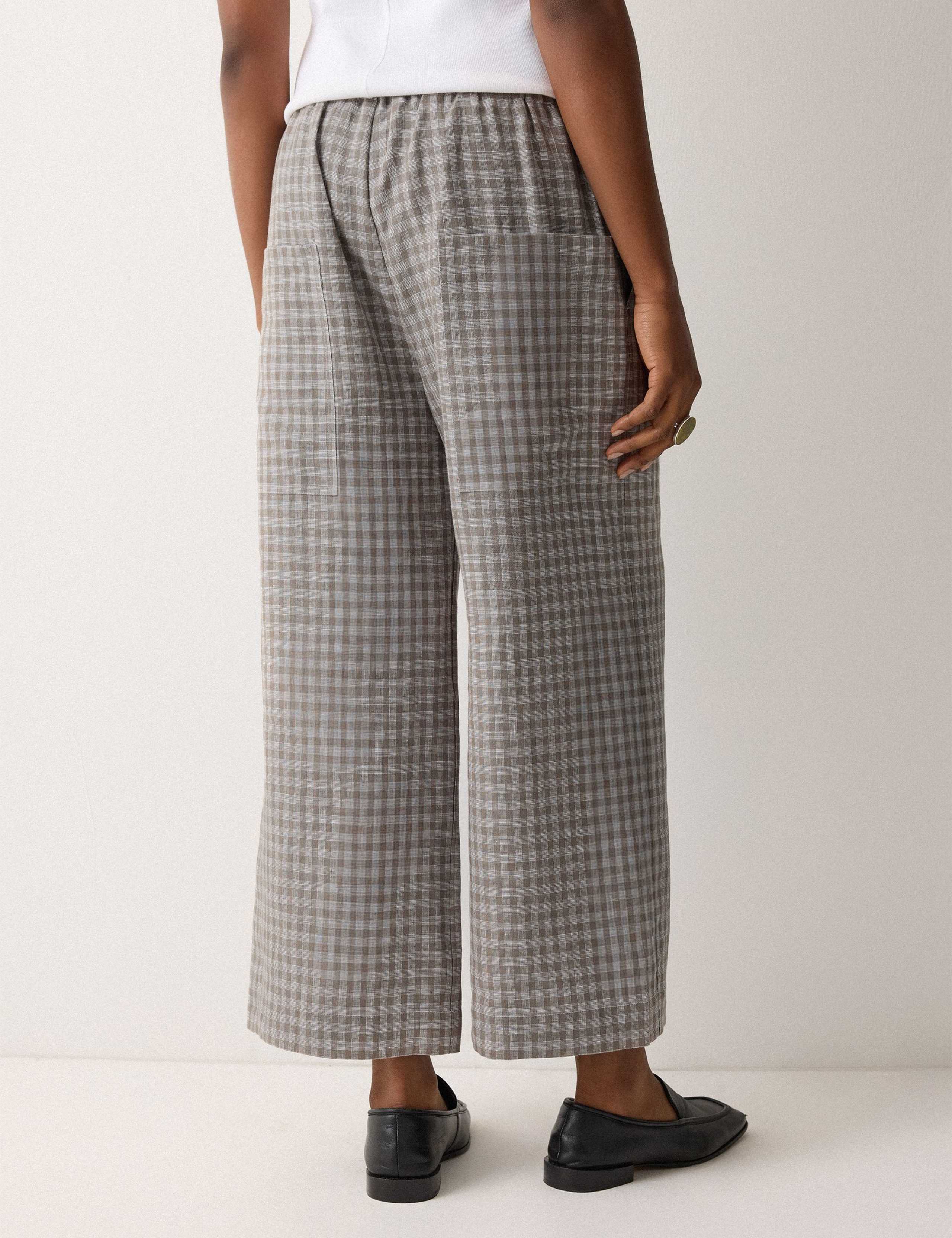 Pure Linen Checked Wide Leg Trousers 6 of 7