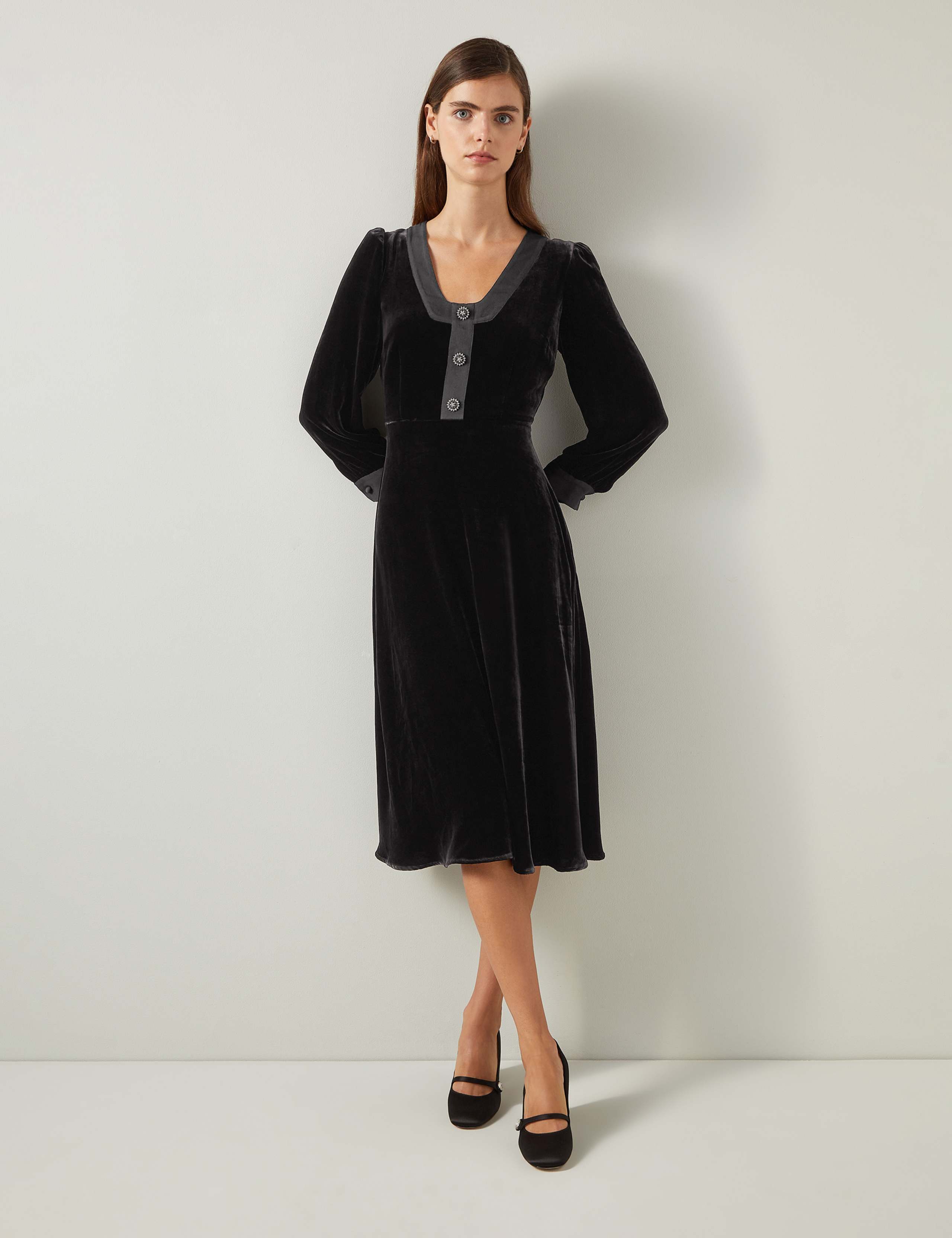 Velvet Knee Length Skater Dress with Silk 1 of 4