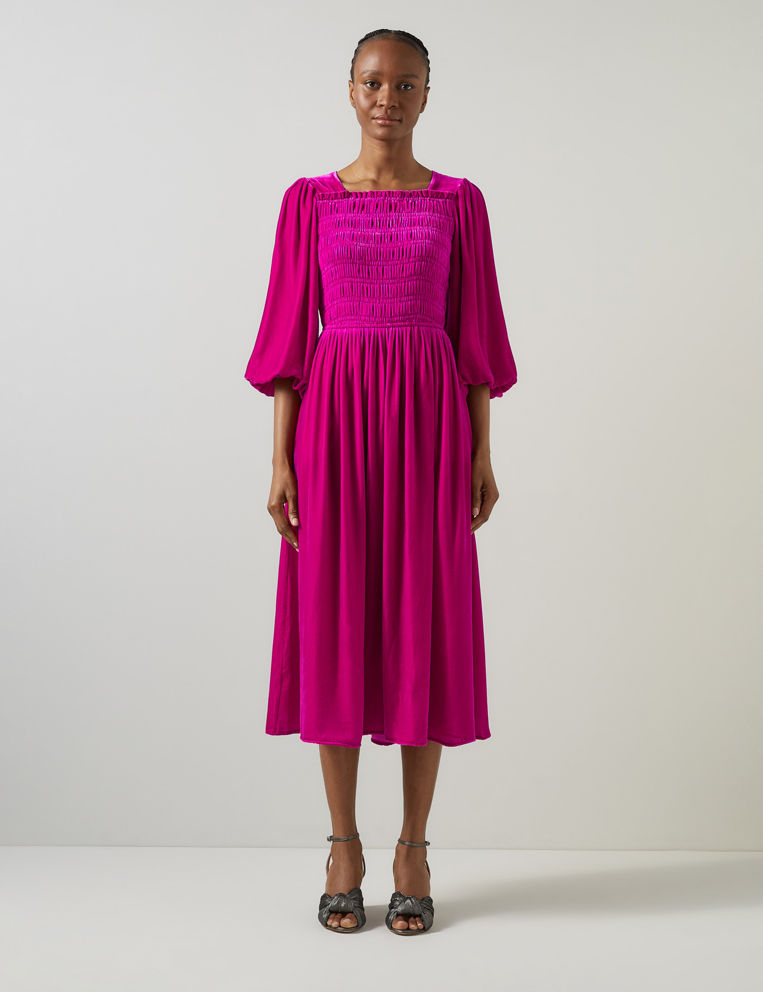 Velvet Midi Skater Dress with Silk 1 of 4