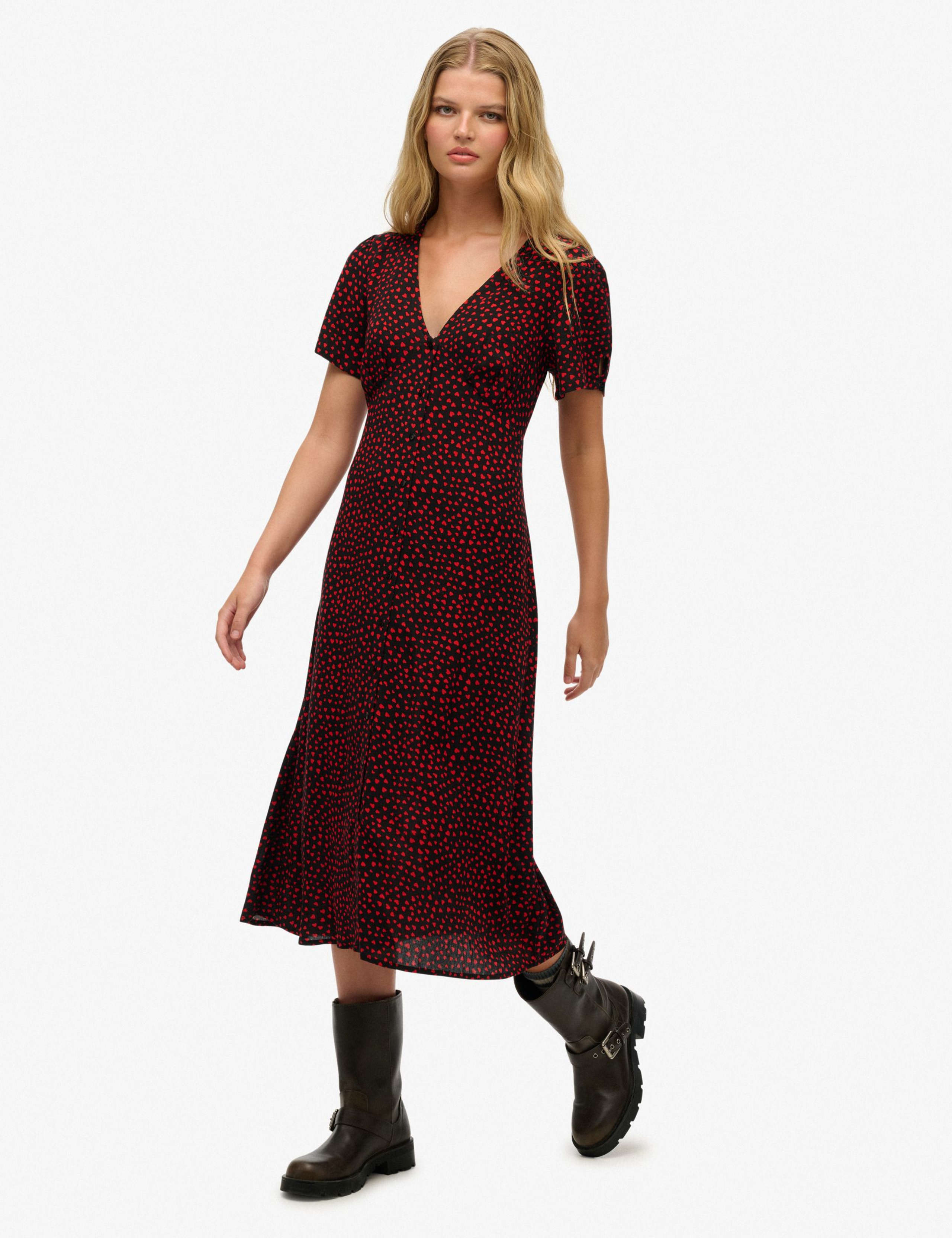 Heart Print V-Neck Midi Tea Dress 2 of 5