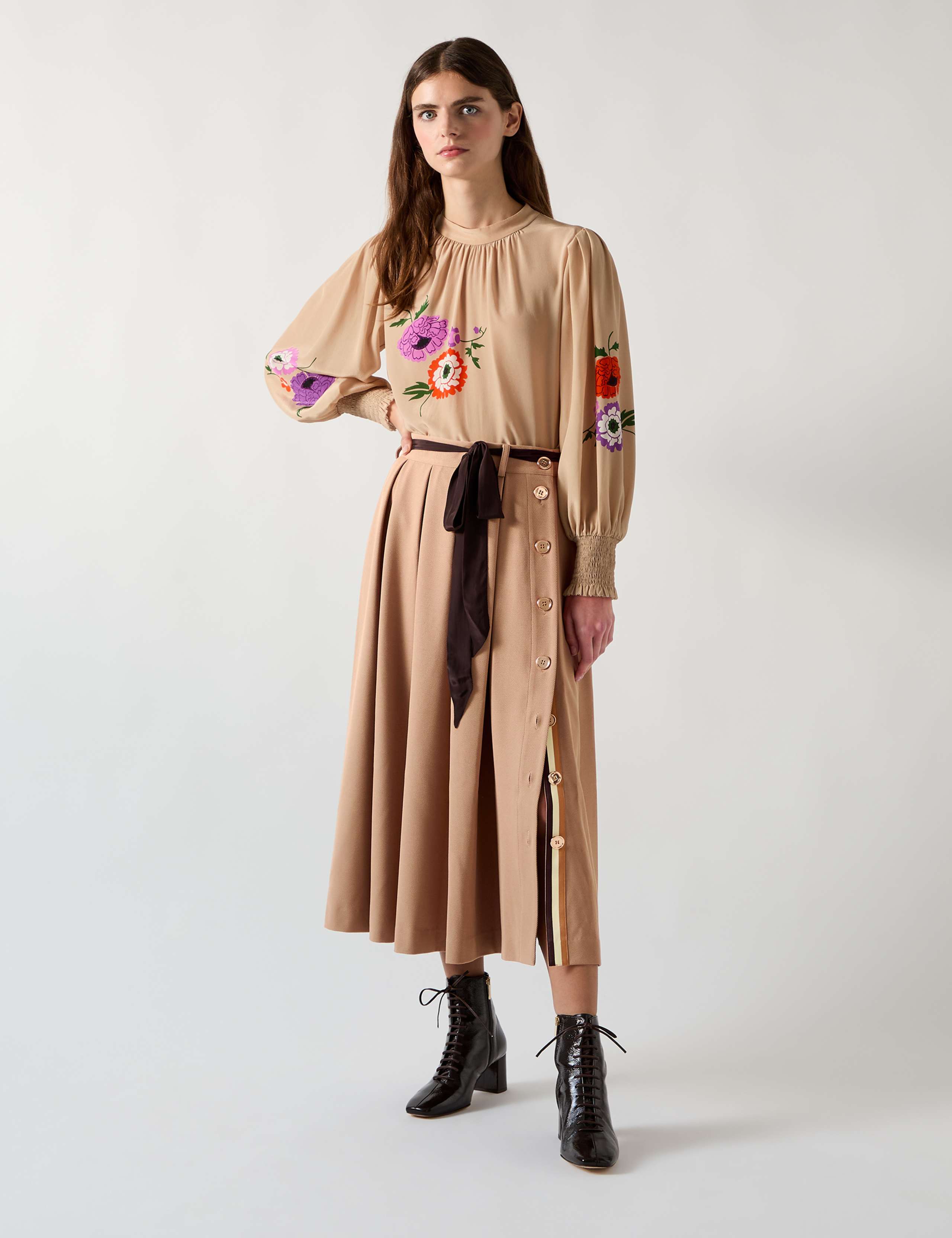 Twill Box Pleat Tie Waist Midi A-Line Skirt 3 of 4