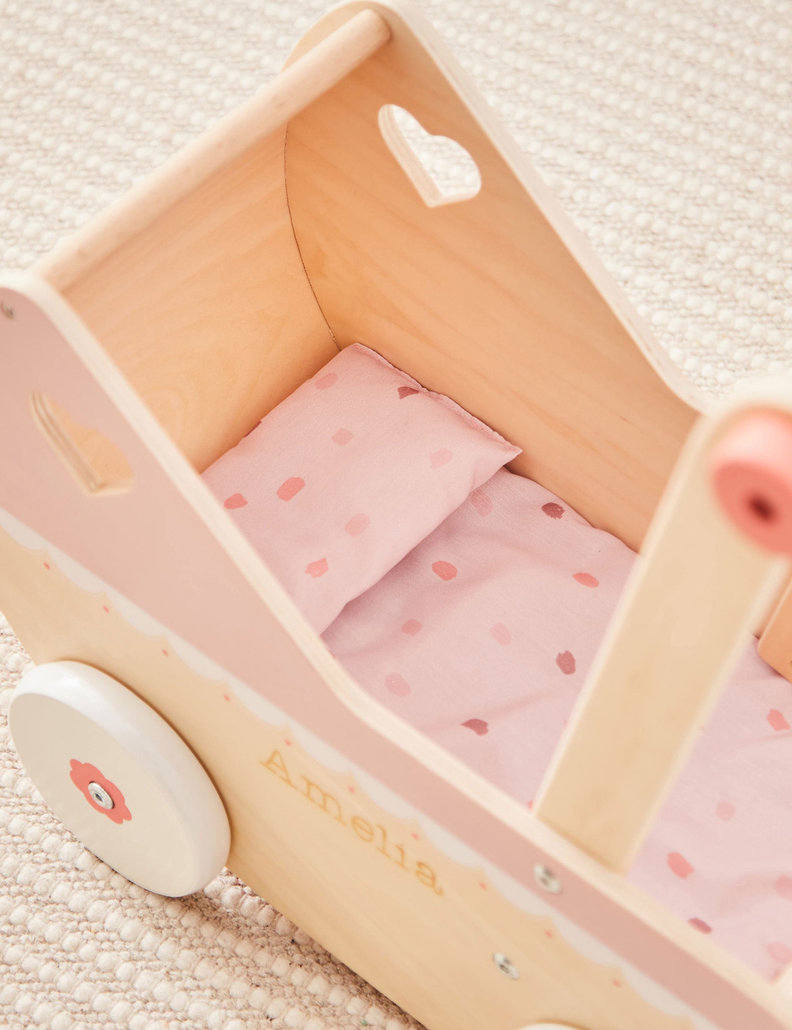 Personalised Pink Wooden Dolls Pram 3 of 3