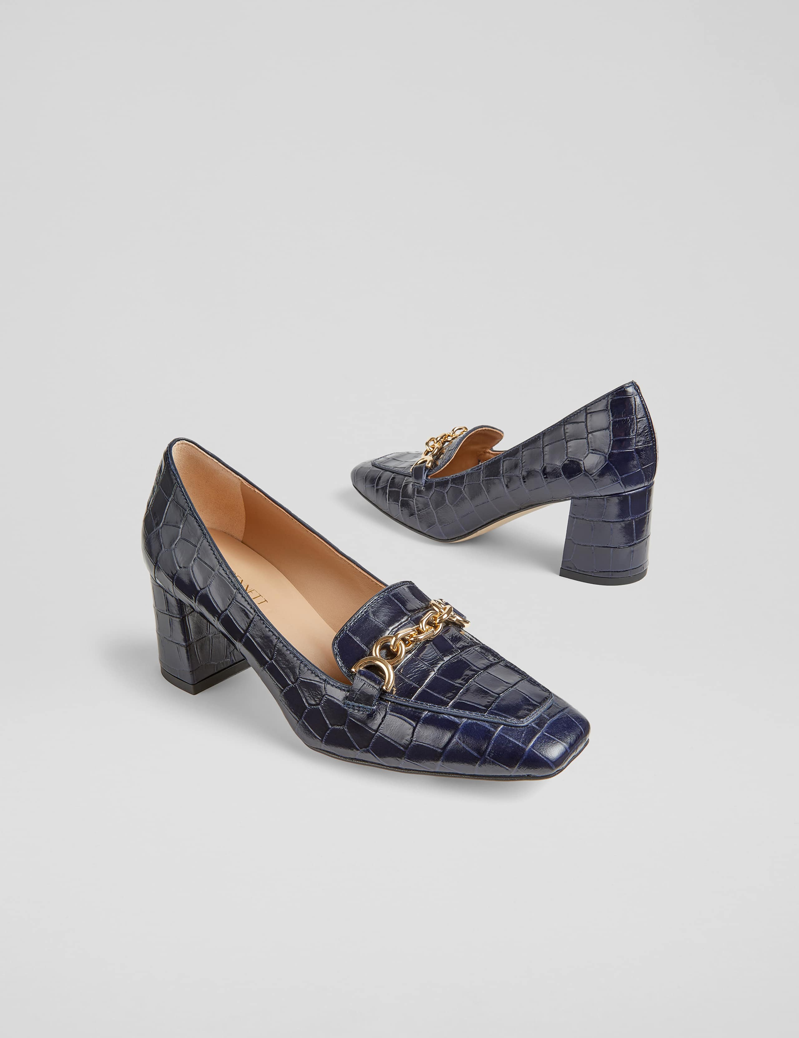 Leather Croc Trim Block Heel Court Shoes 2 of 3