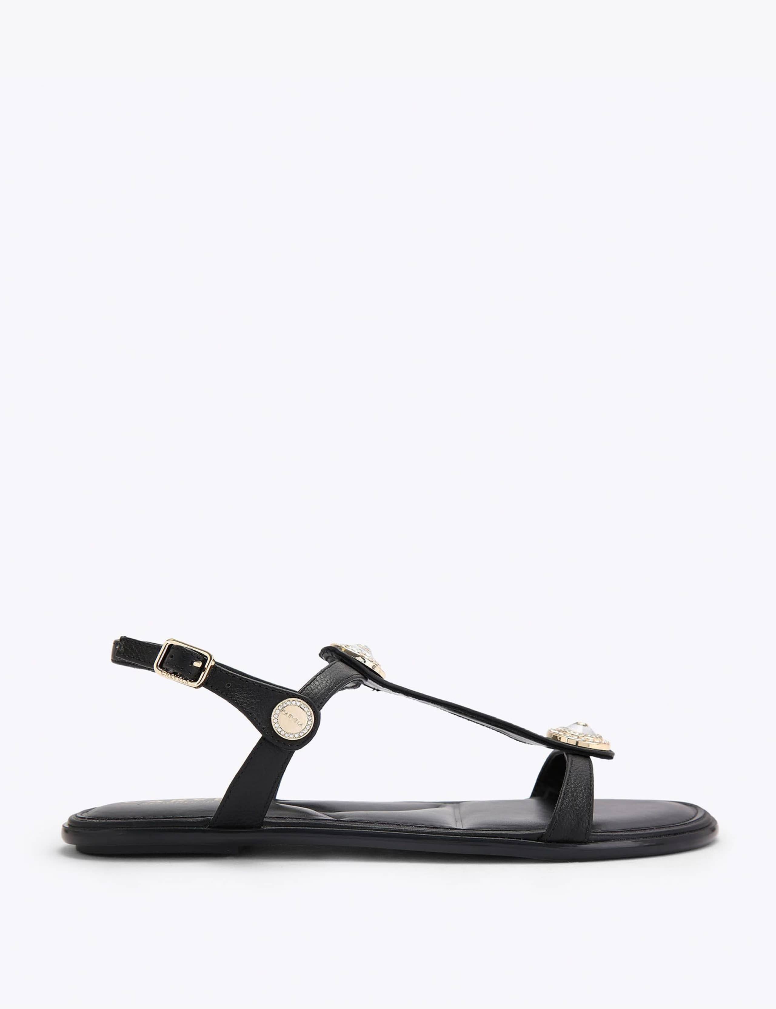 Leather Embellished Ankle Strap Flat Sandals 1 of 4