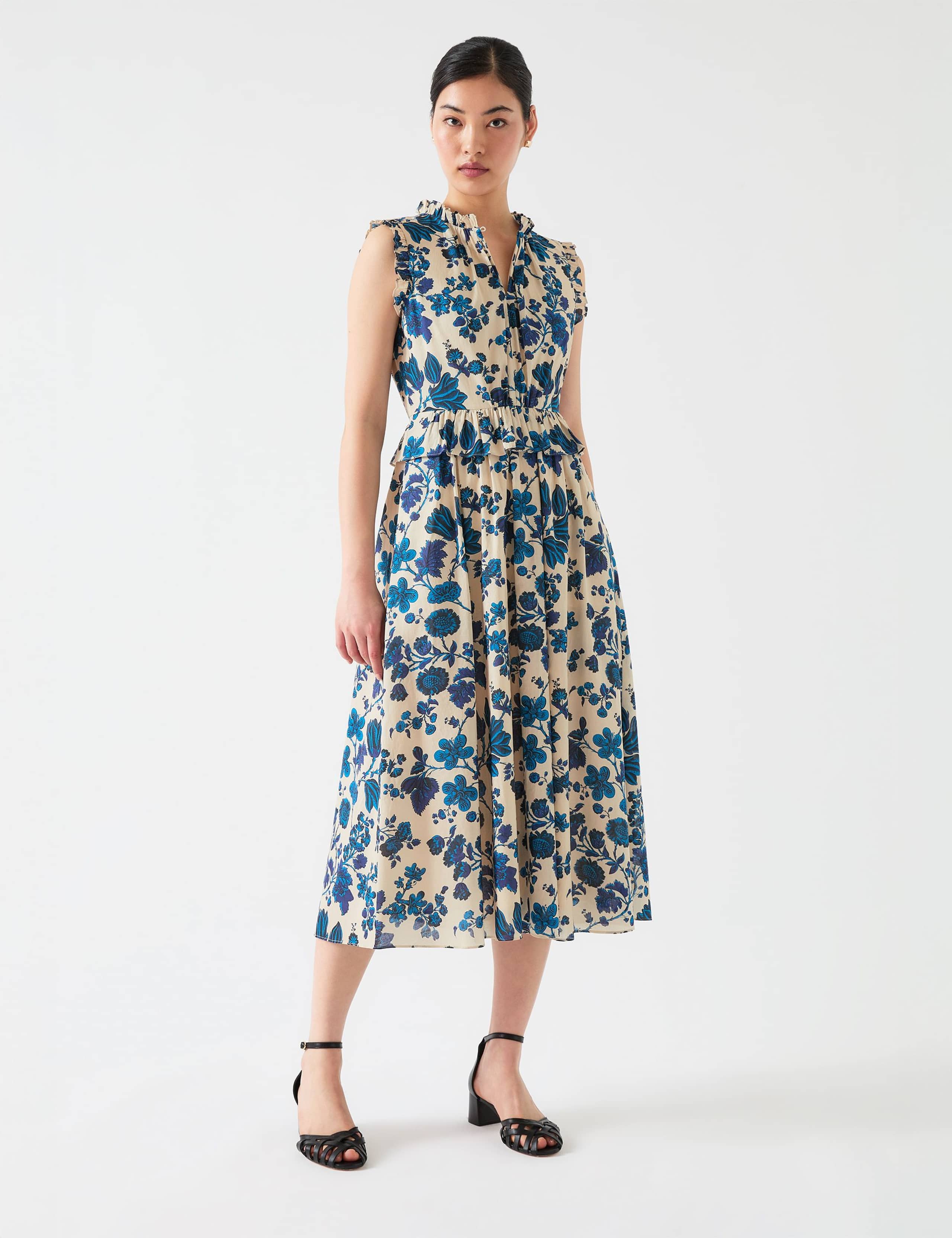 Pure Cotton Floral Frill Midi Waisted Dress 1 of 4
