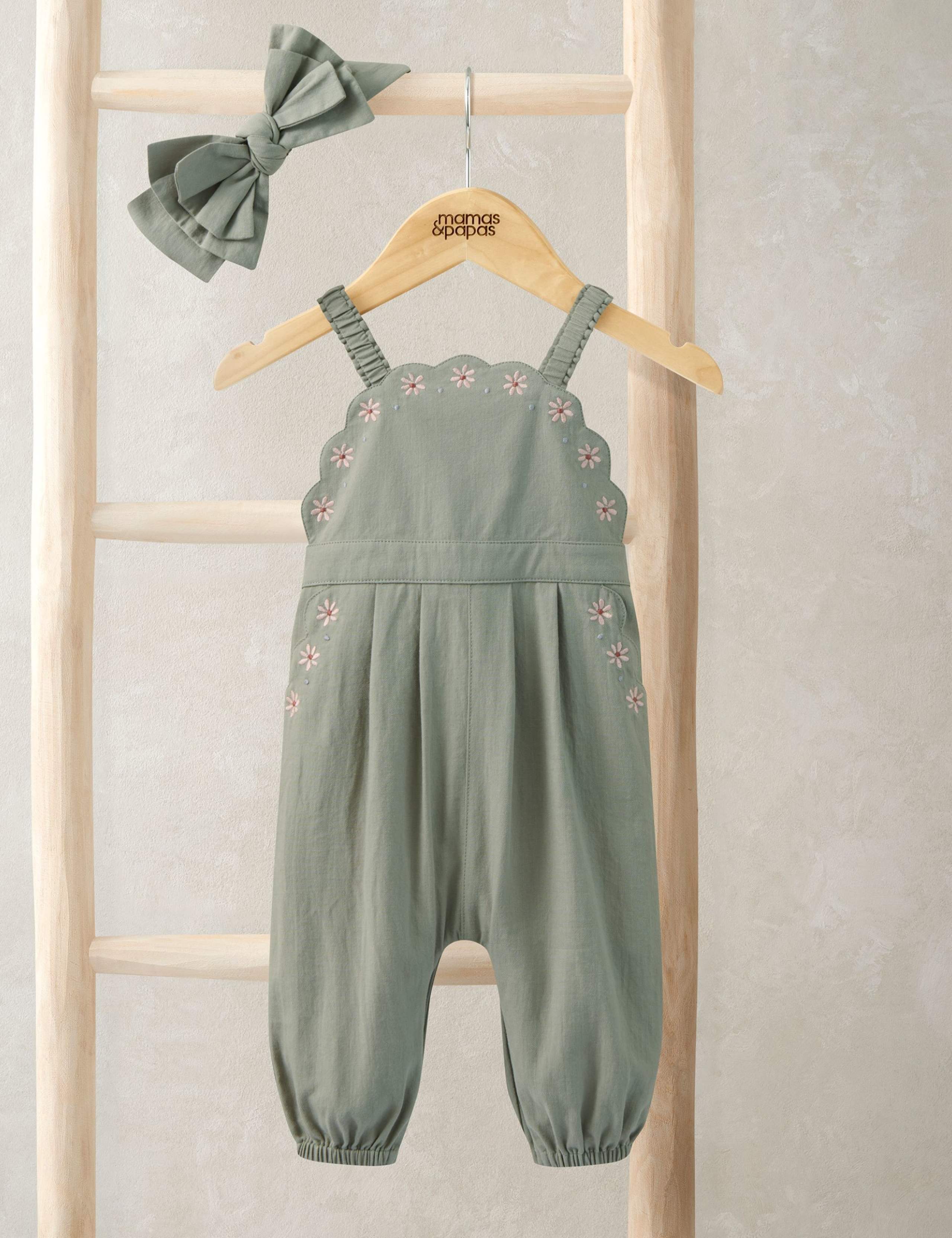 Pure Cotton Scalloped Dungarees & Headband (0-36 Mths) 1 of 4