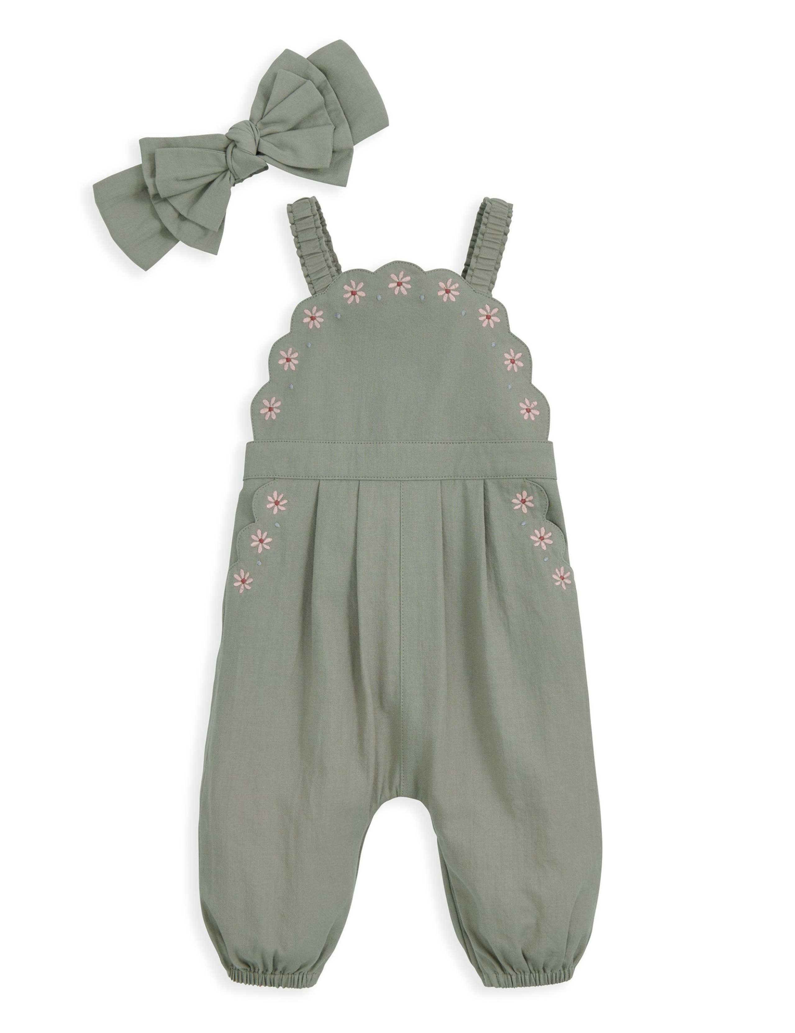 Pure Cotton Scalloped Dungarees & Headband (0-36 Mths) 2 of 4