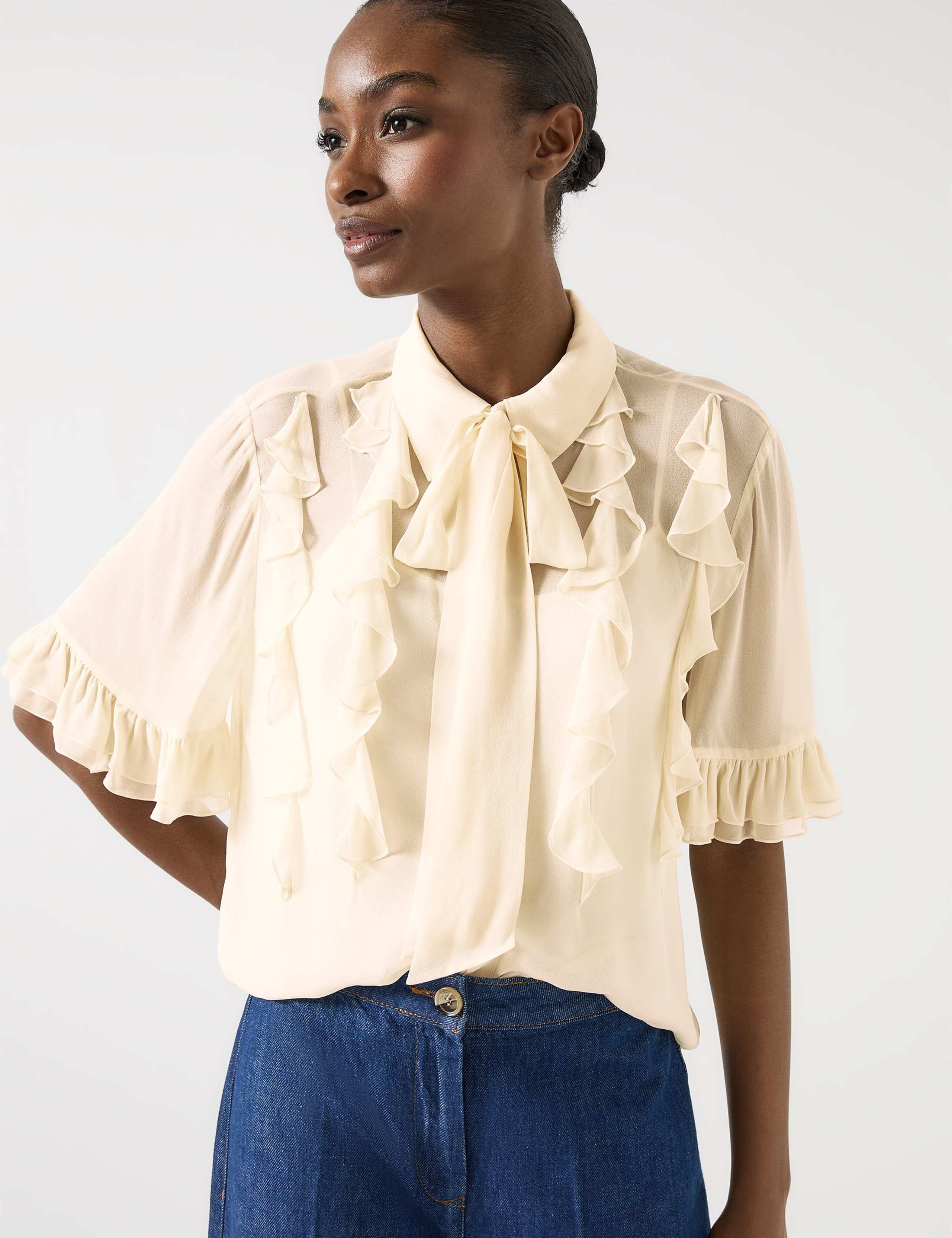 Chiffon Collared Tie Neck Ruffle Blouse 4 of 6