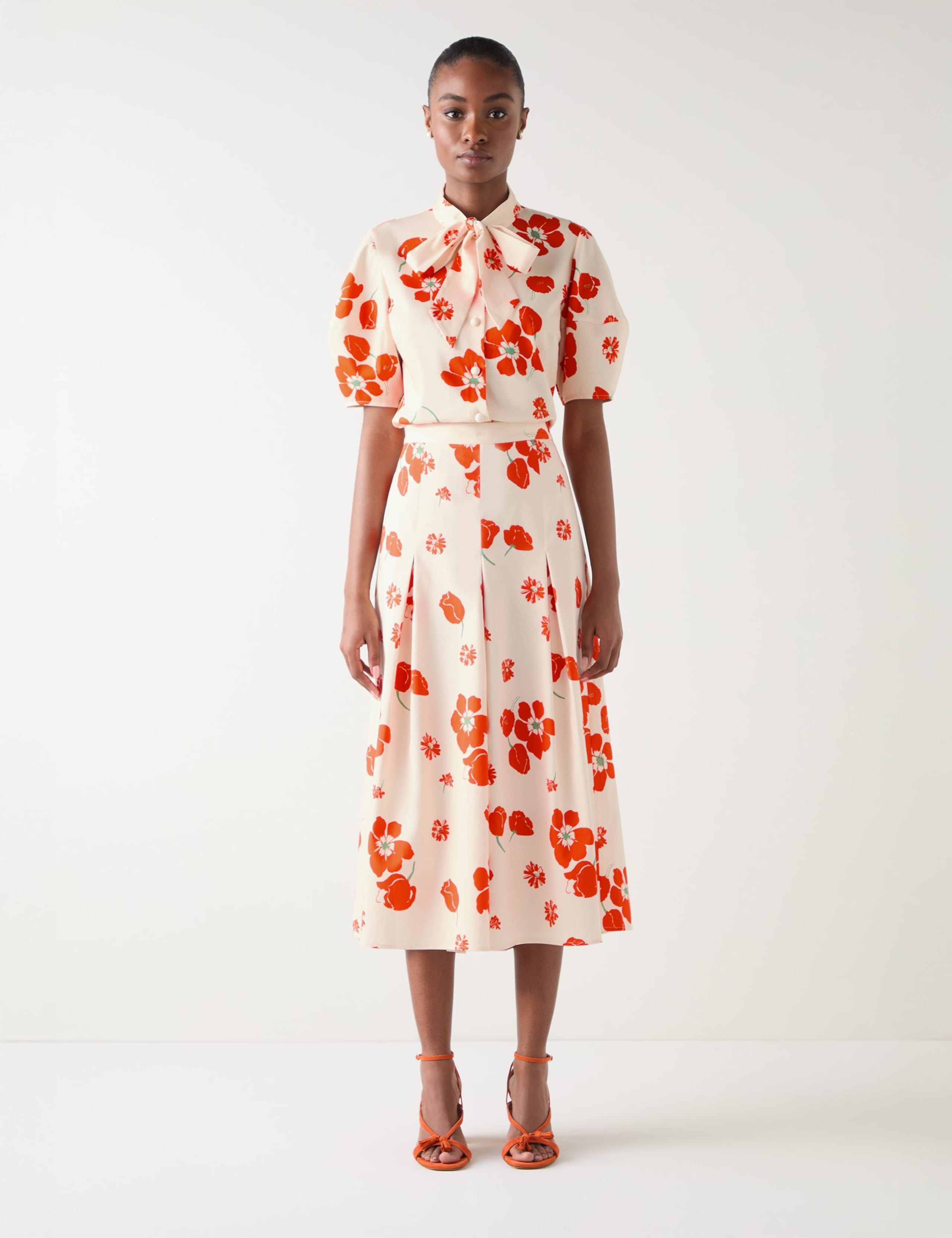 Cotton Rich Floral Tie Neck Puff Sleeve Blouse 1 of 4