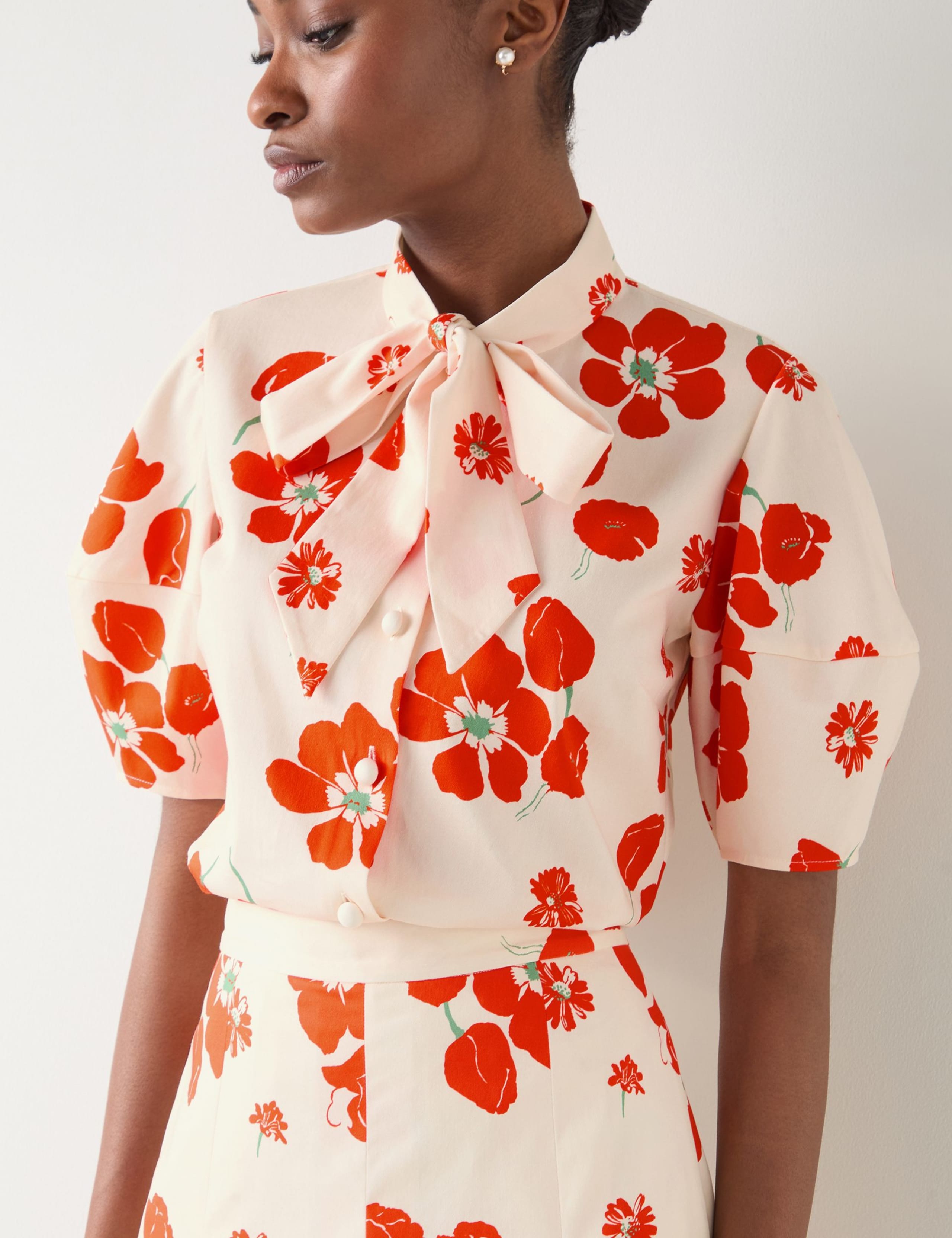 Cotton Rich Floral Tie Neck Puff Sleeve Blouse 4 of 4