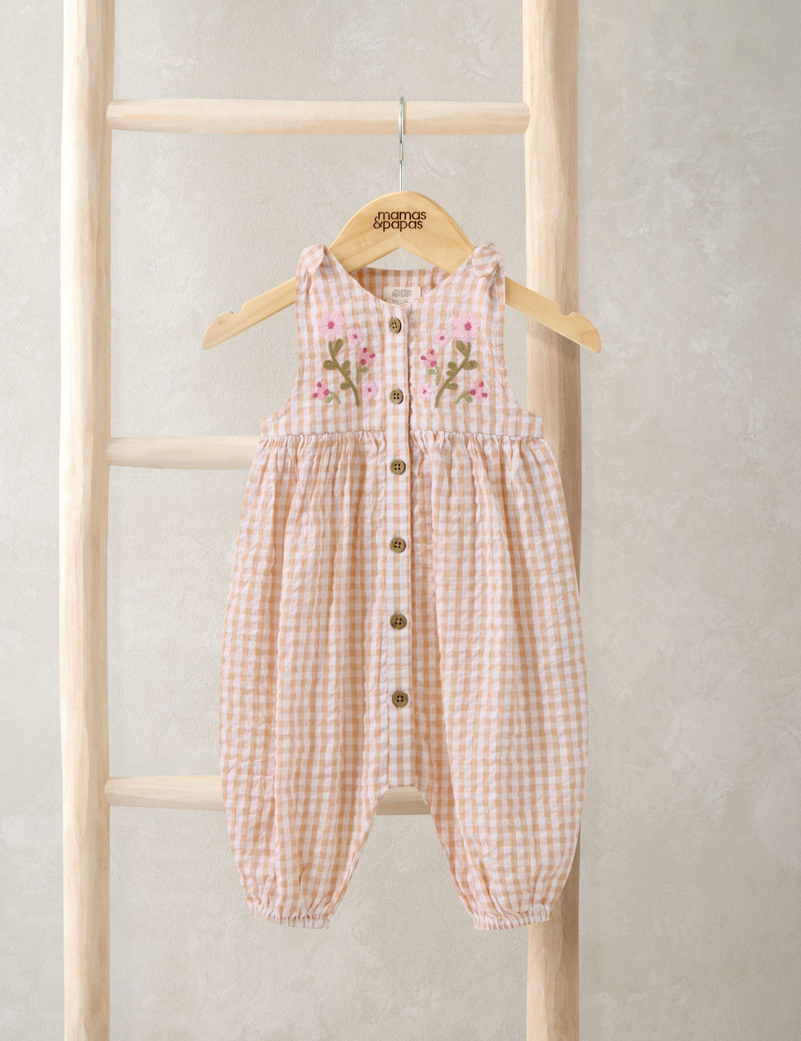 Floral Embroidery Gingham Dungarees (0-18 Mths) 1 of 2