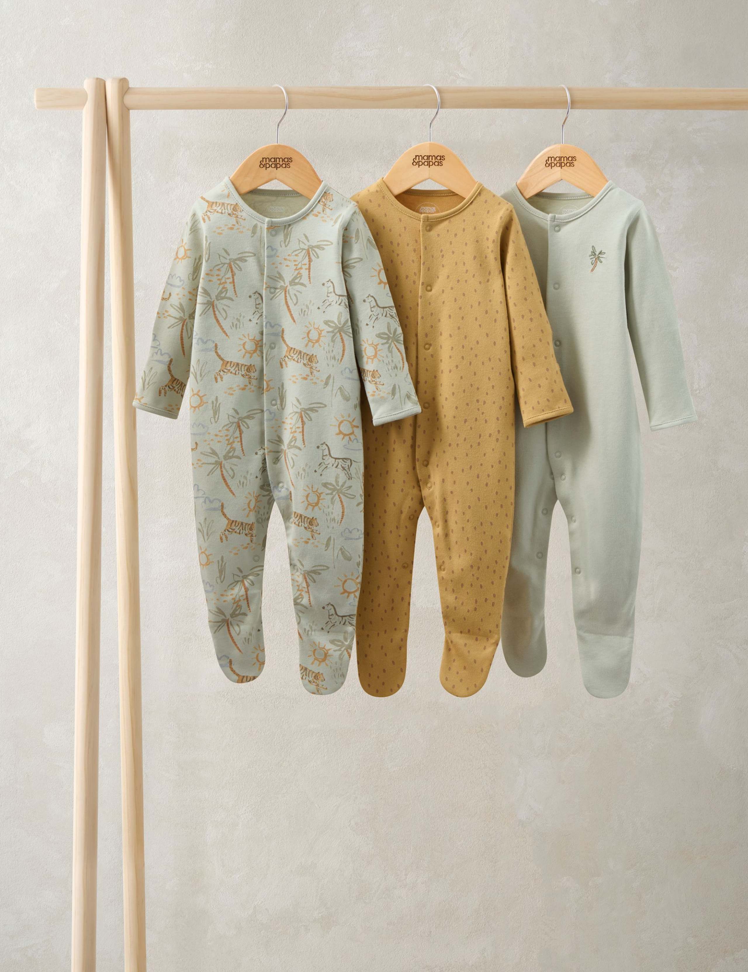 3 Pack Pure Cotton Safari Sleepsuits (7lbs-24 Mths) 1 of 2