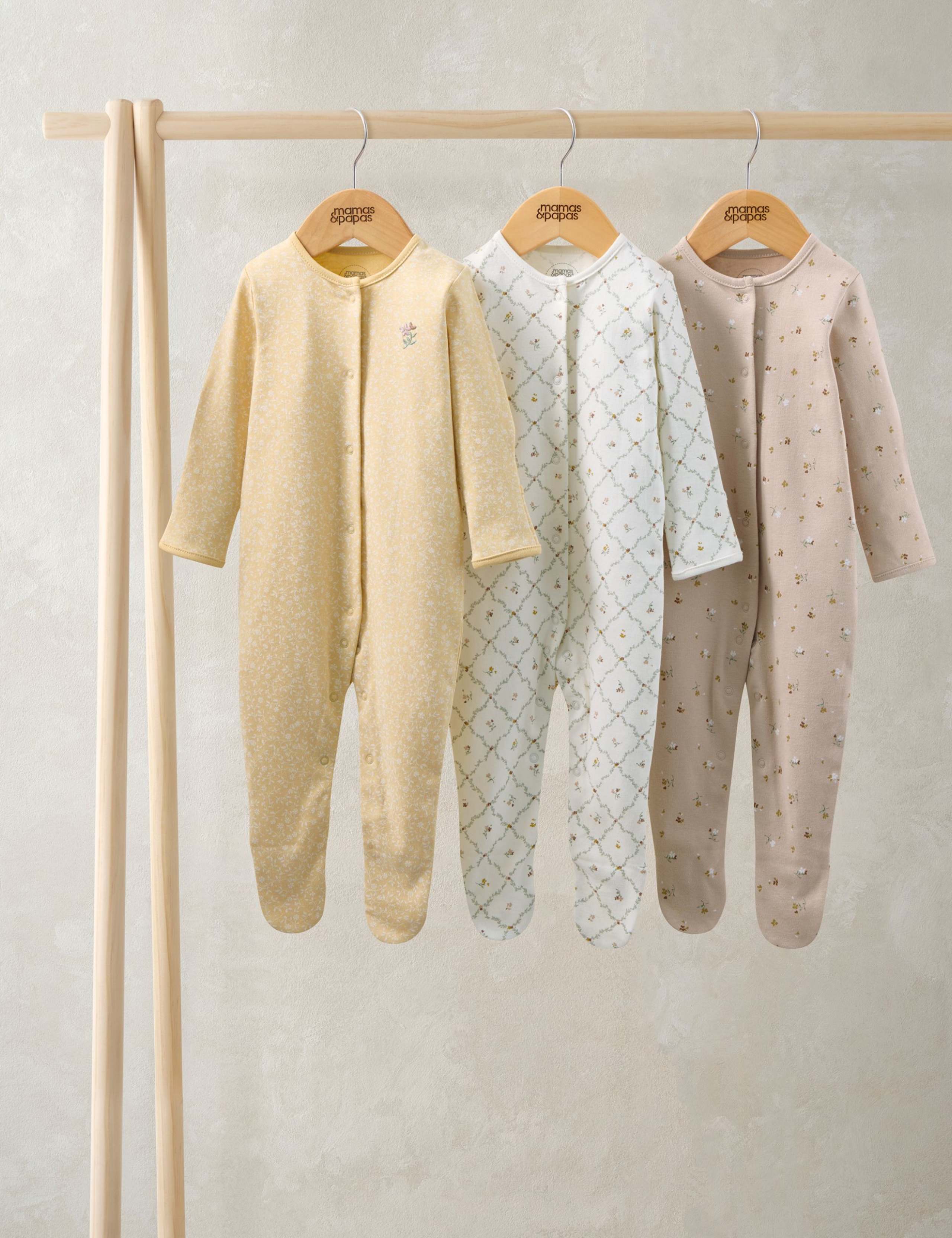 3 Pack Pure Cotton Floral Sleepsuits (7lbs-24 Mths) 1 of 2