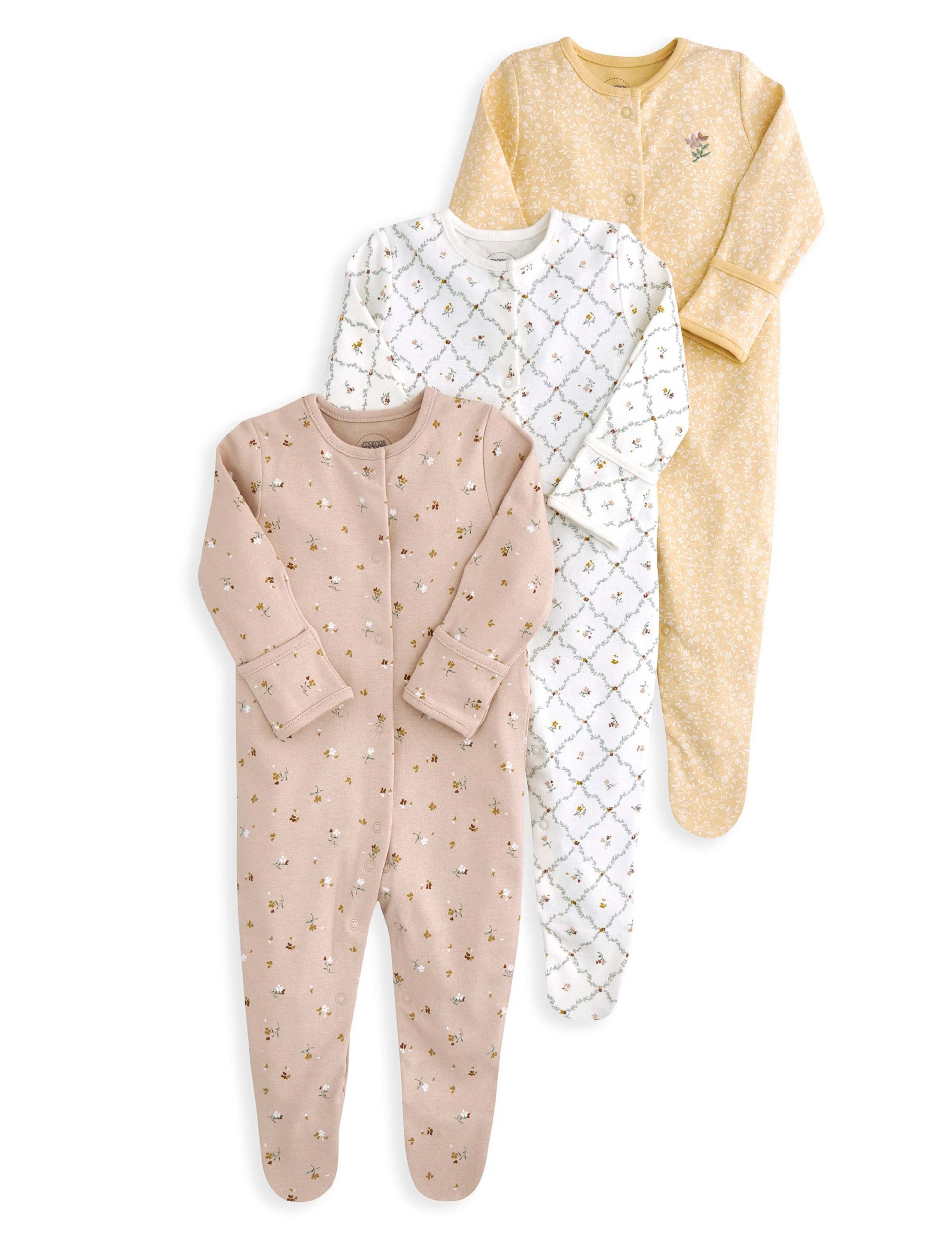 3 Pack Pure Cotton Floral Sleepsuits (7lbs-24 Mths) 2 of 2