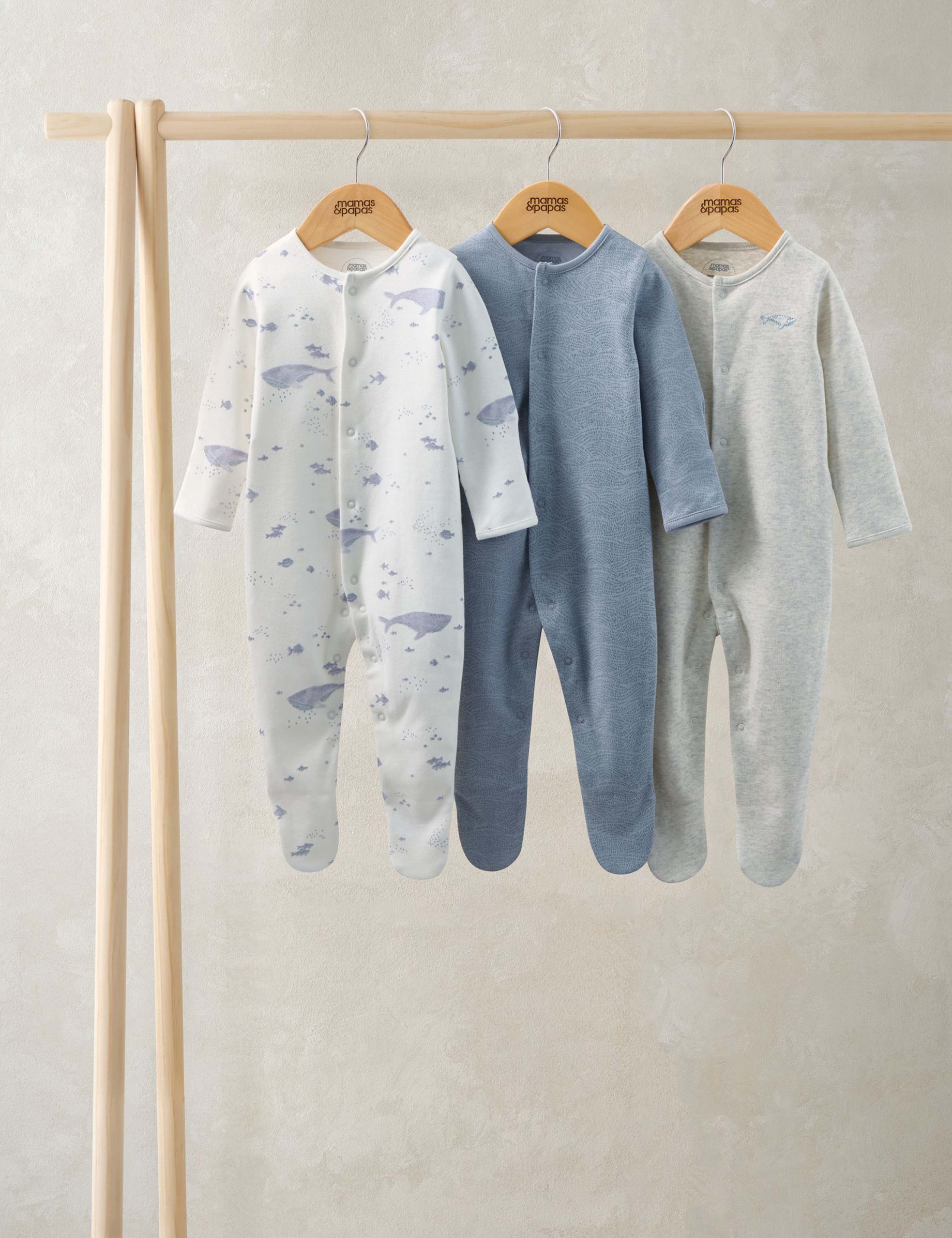 3 Pack Pure Cotton Whale Sleepsuits (6½lbs-24 Mths) 1 of 2