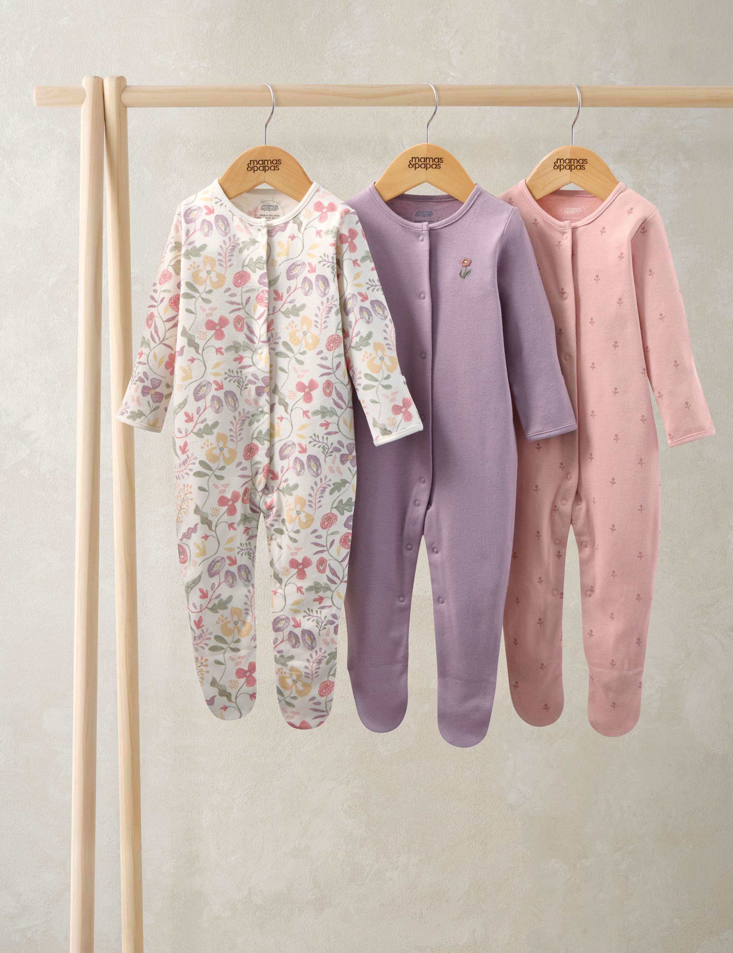 3 Pack Floral Sleepsuits (7lbs-24 Mths) 1 of 2