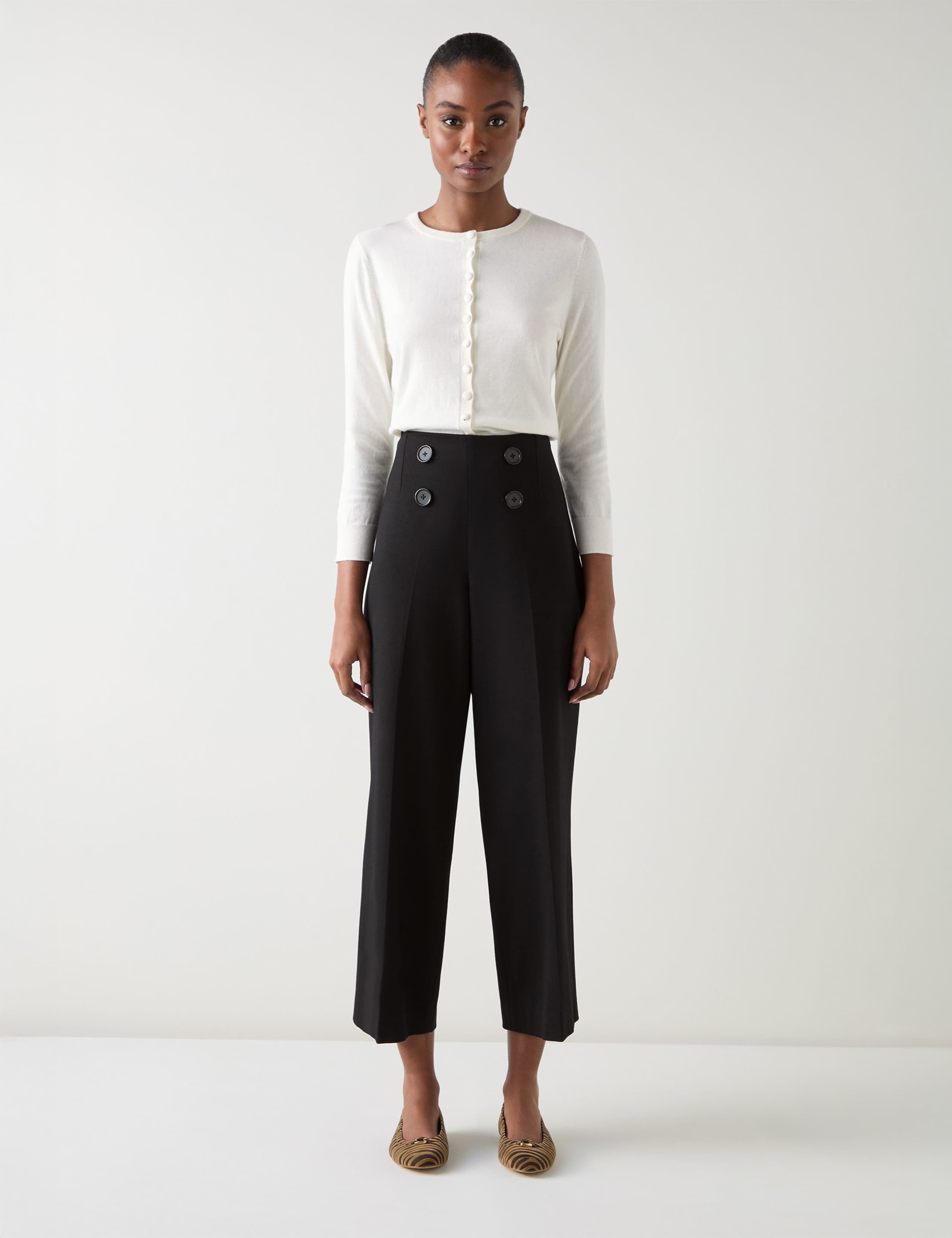 High Waisted Button Detail Cropped Trousers 1 of 4