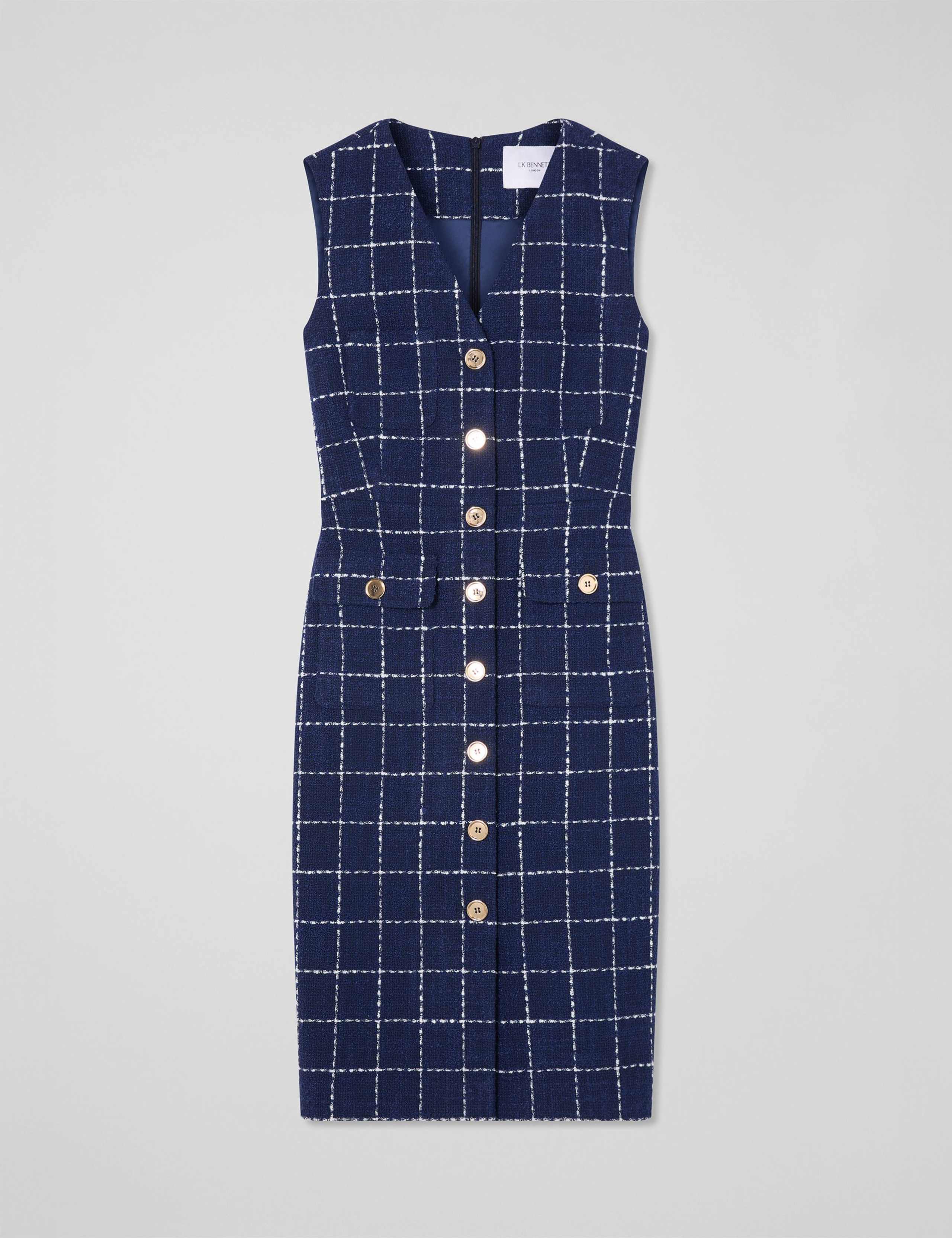 Tweed Checked V-Neck Knee Length Column Dress 2 of 4