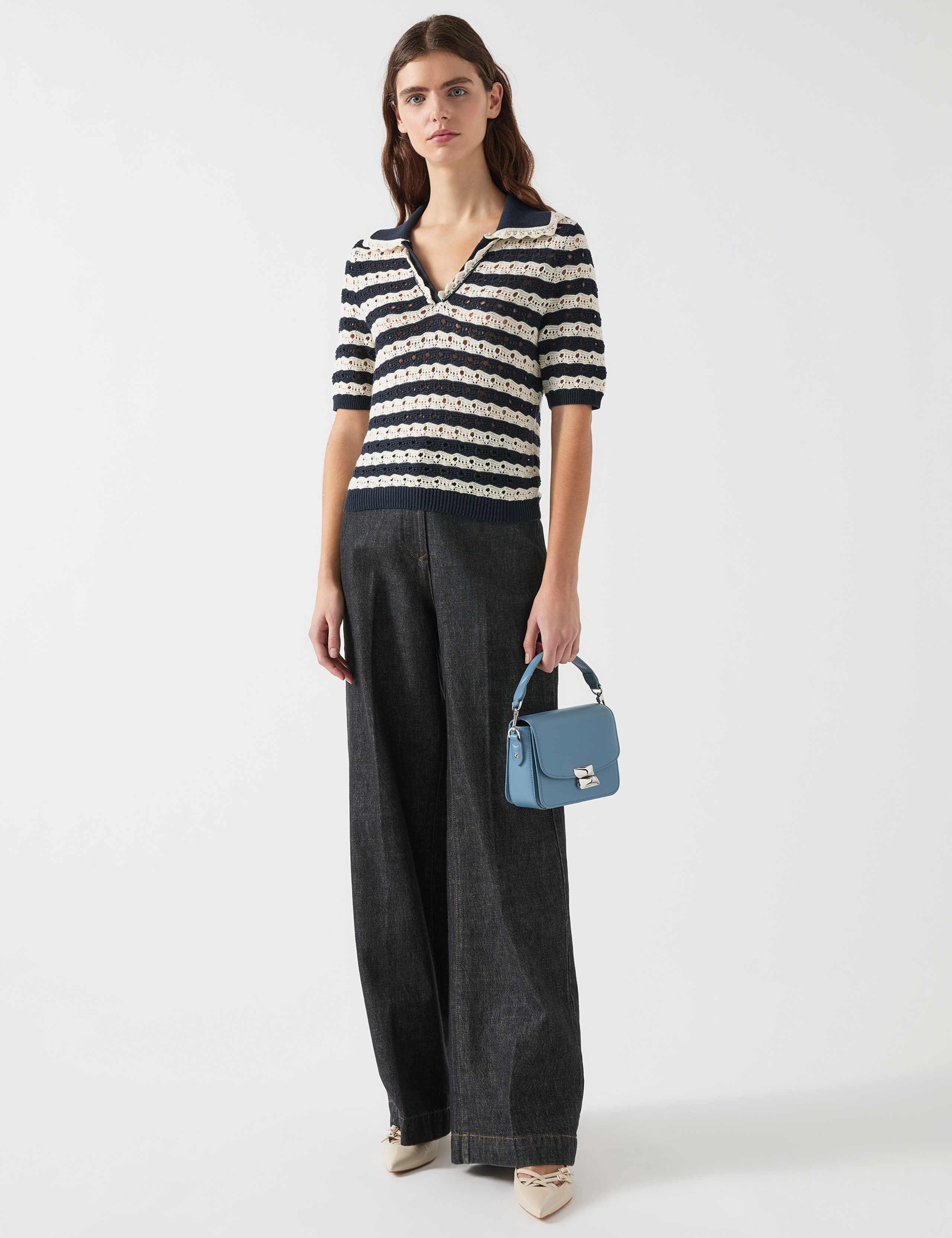 Cotton Rich Striped Collared Knitted Top 1 of 4