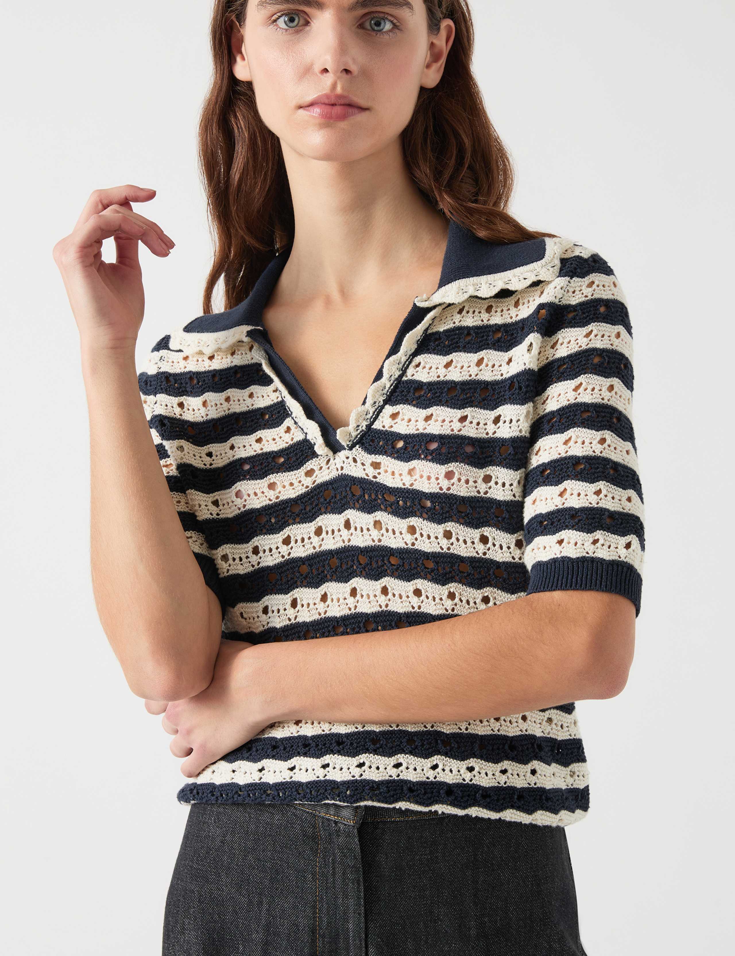 Cotton Rich Striped Collared Knitted Top 3 of 4
