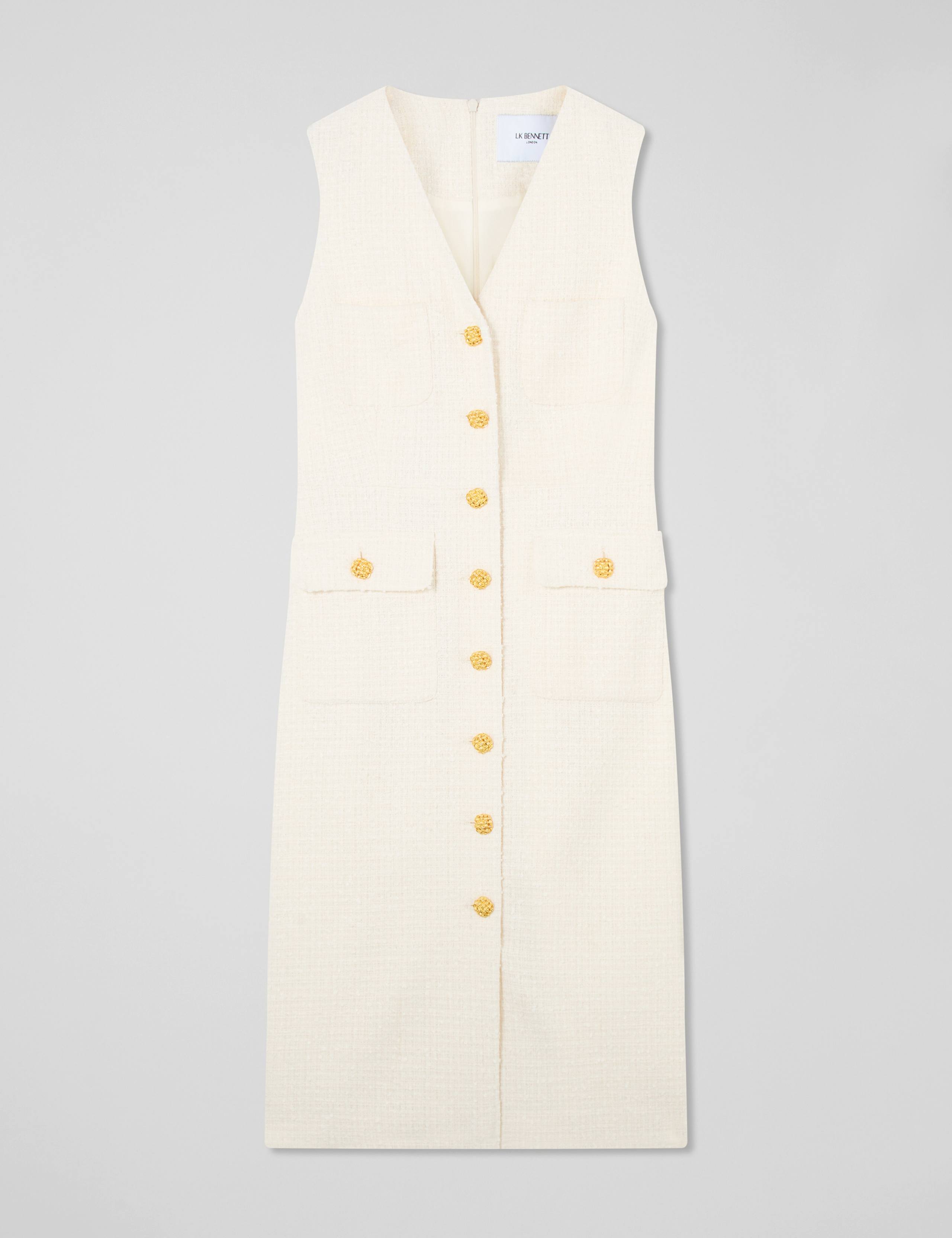 Tweed V-Neck Button Detail Tailored Dress 2 of 4