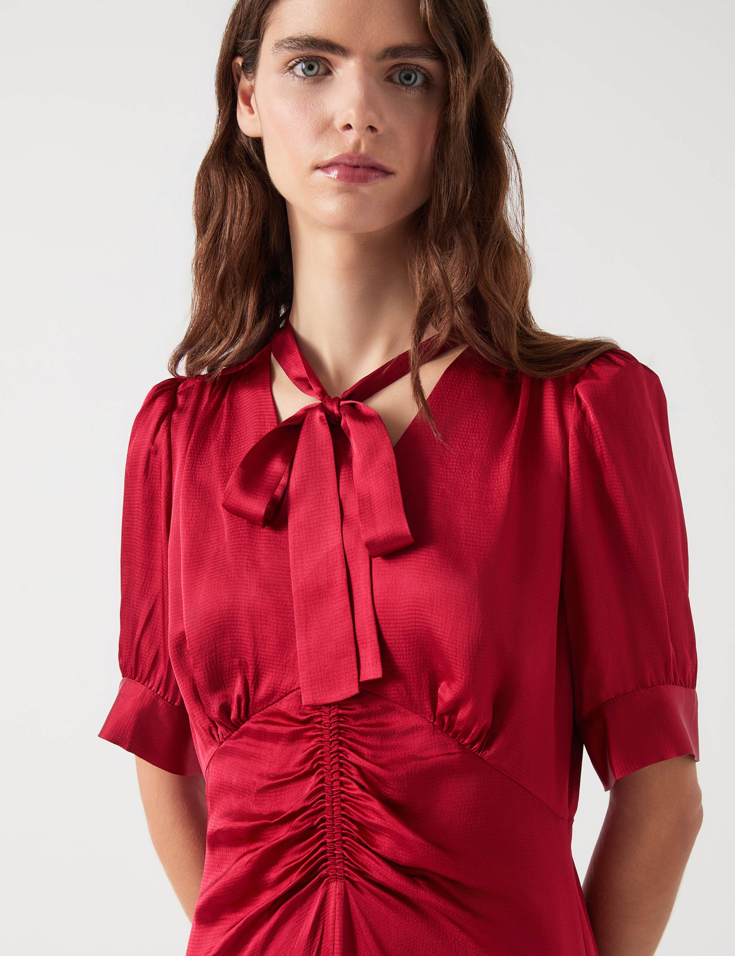 Satin V-Neck Tie Neck Midi Skater Dress 4 of 4