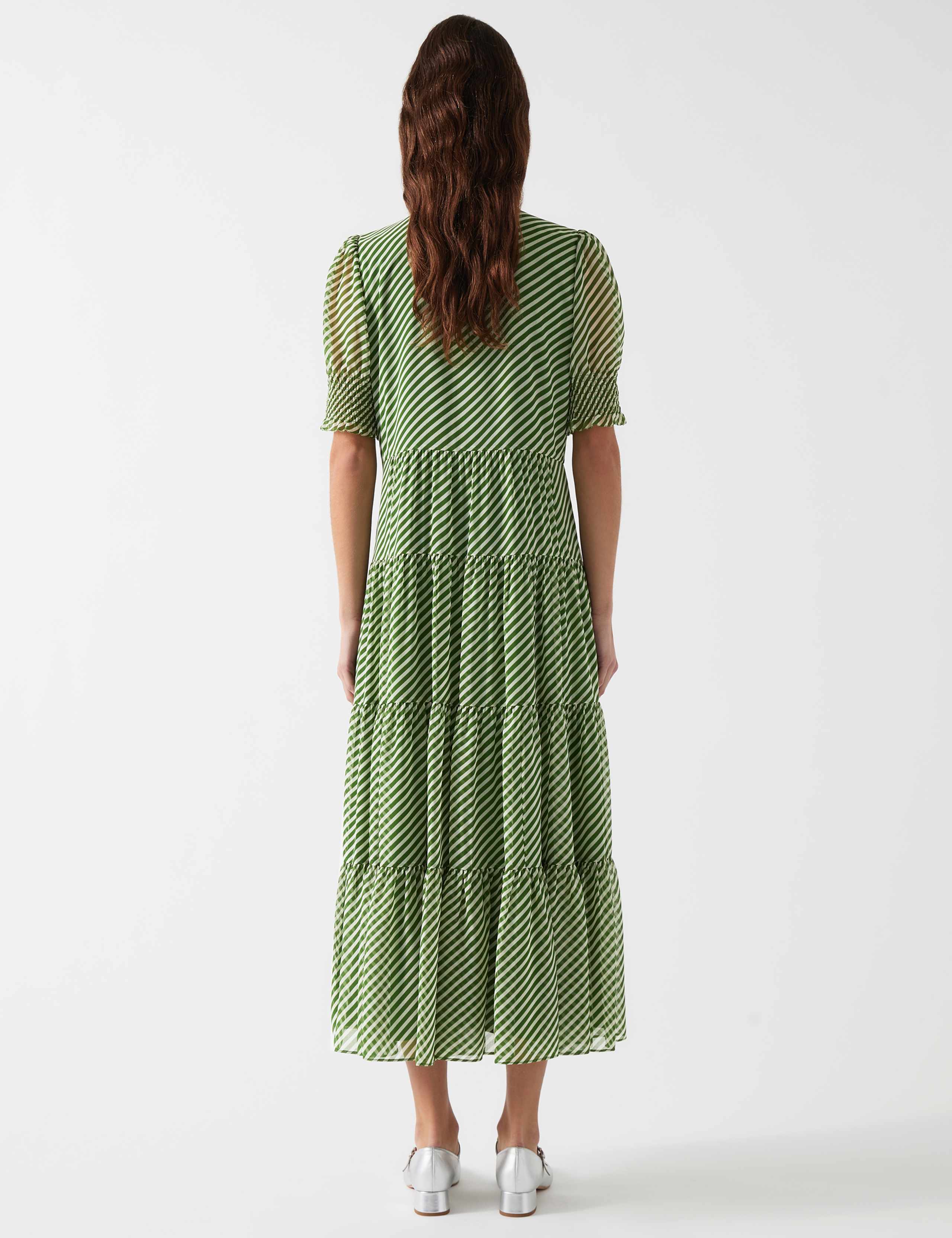 Striped V-Neck Tie Neck Midi Tiered Dress 3 of 4