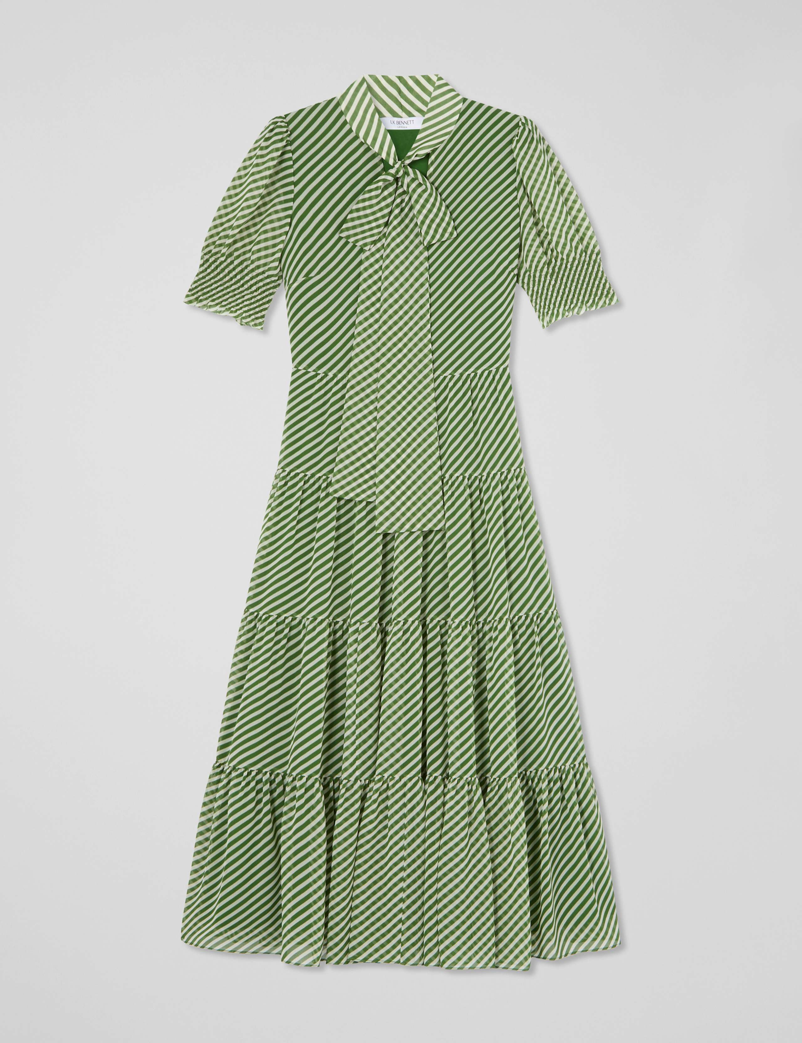 Striped V-Neck Tie Neck Midi Tiered Dress 2 of 4