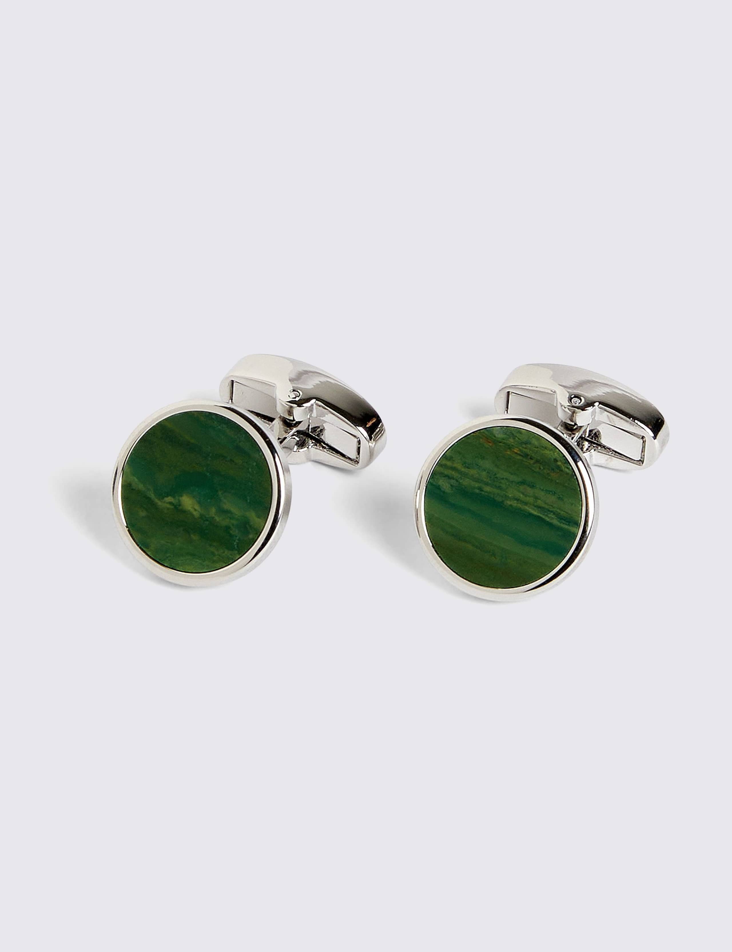 Brass Jade Stone Round Cufflinks 2 of 2