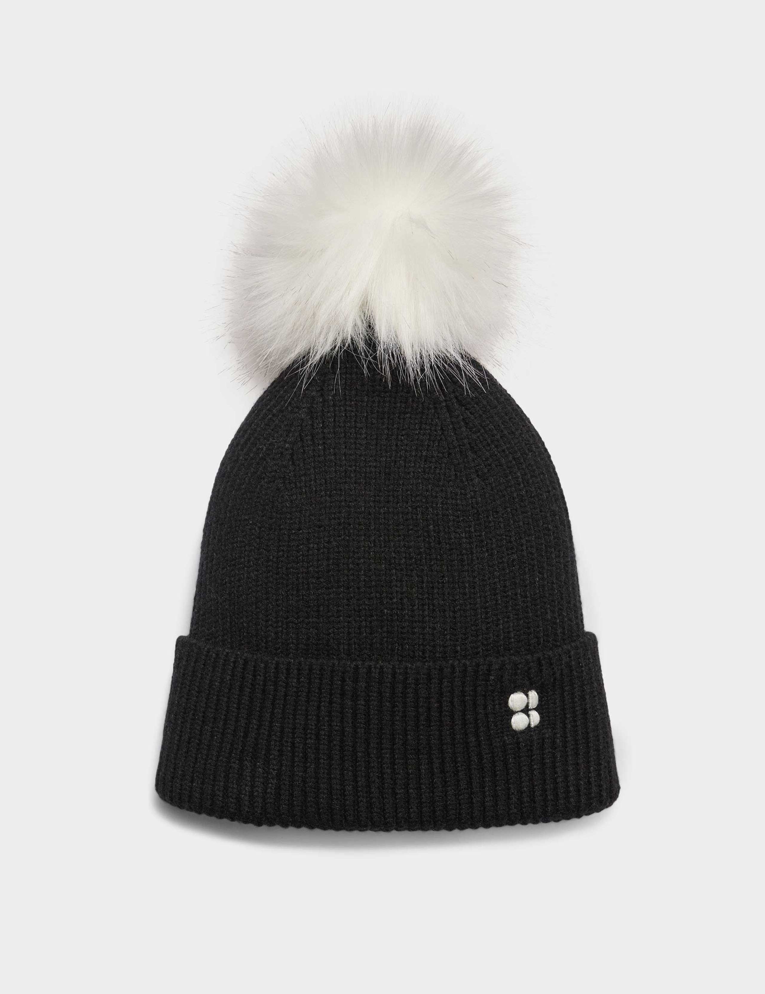 Knitted Rib Faux Fur Pom Turn Up Beanie Hat 1 of 1