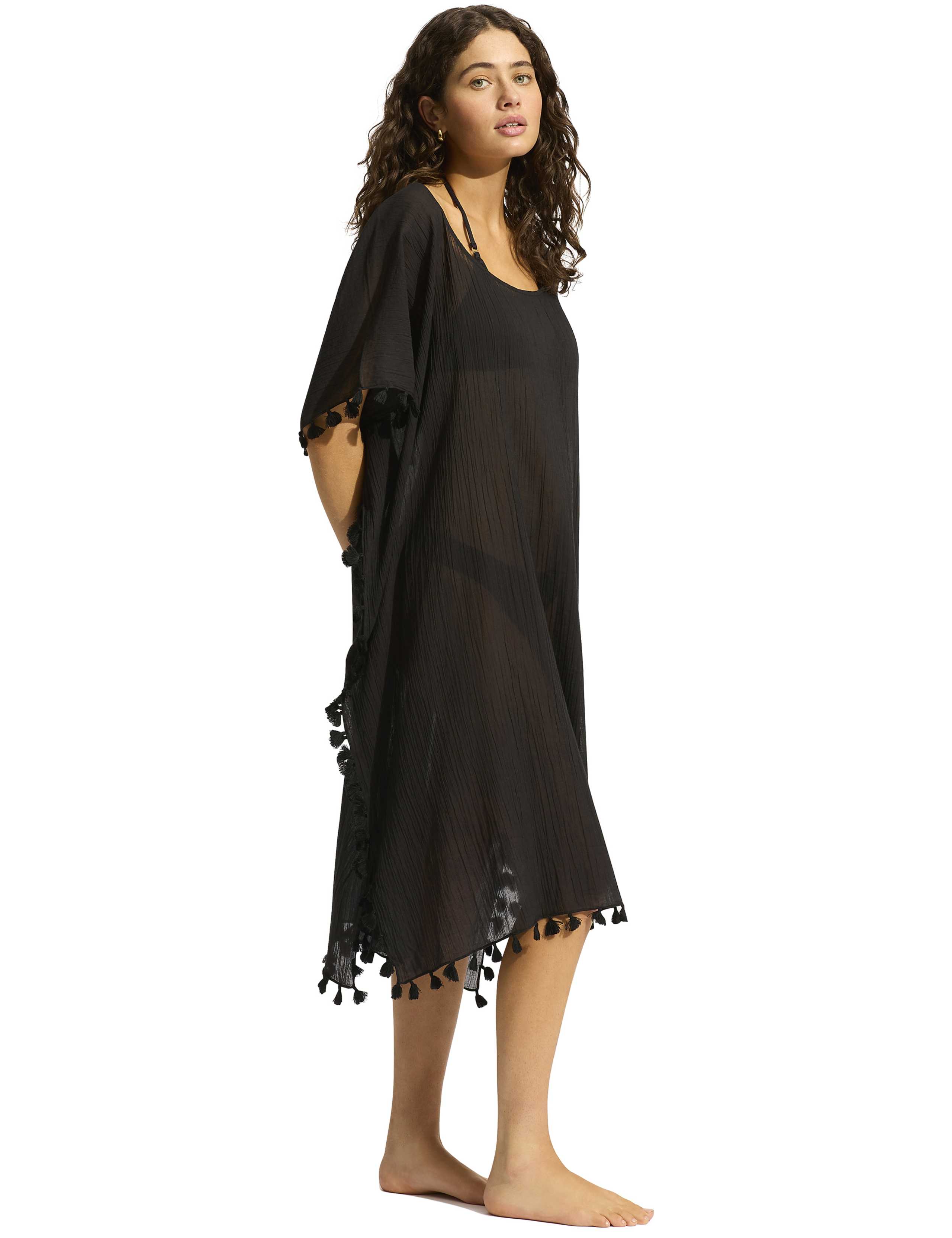 Amnesia Pure Cotton Tassel Trim Kaftan Beach Dress 2 of 4