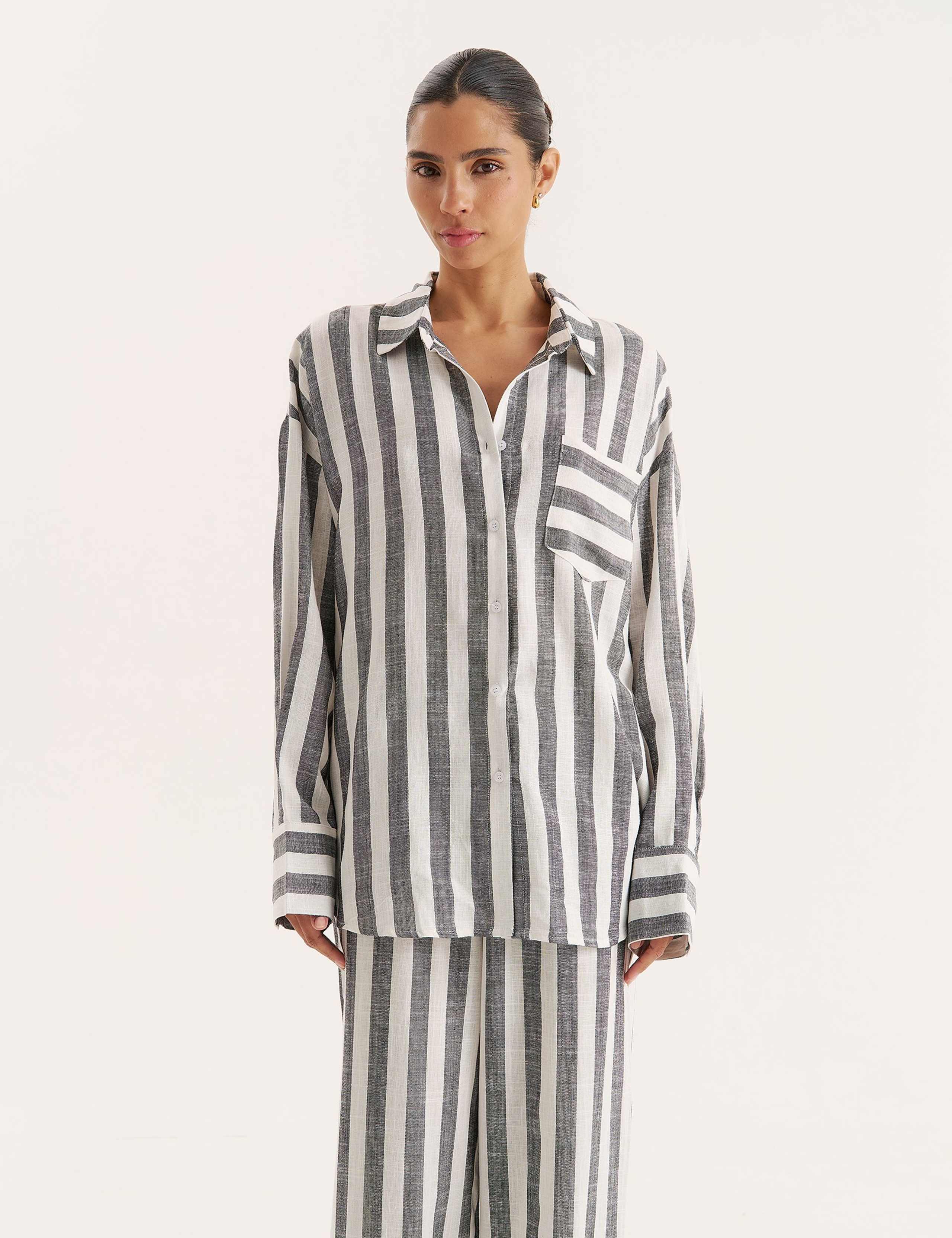 Linen Blend Striped Beach Cover Up Shirt 3 of 5