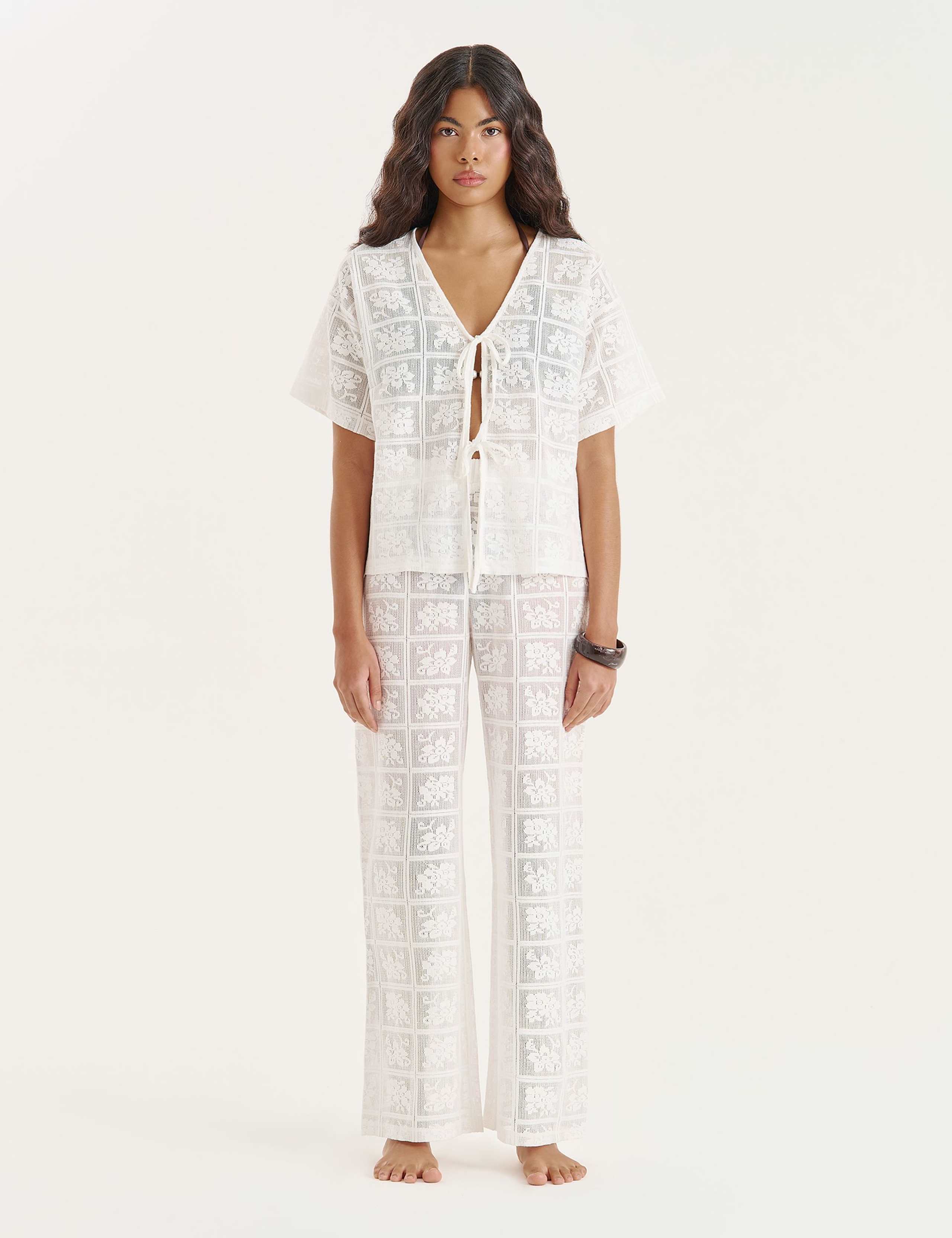 Lace Floral Tie Front Beach Cover Up Shirt 2 of 5