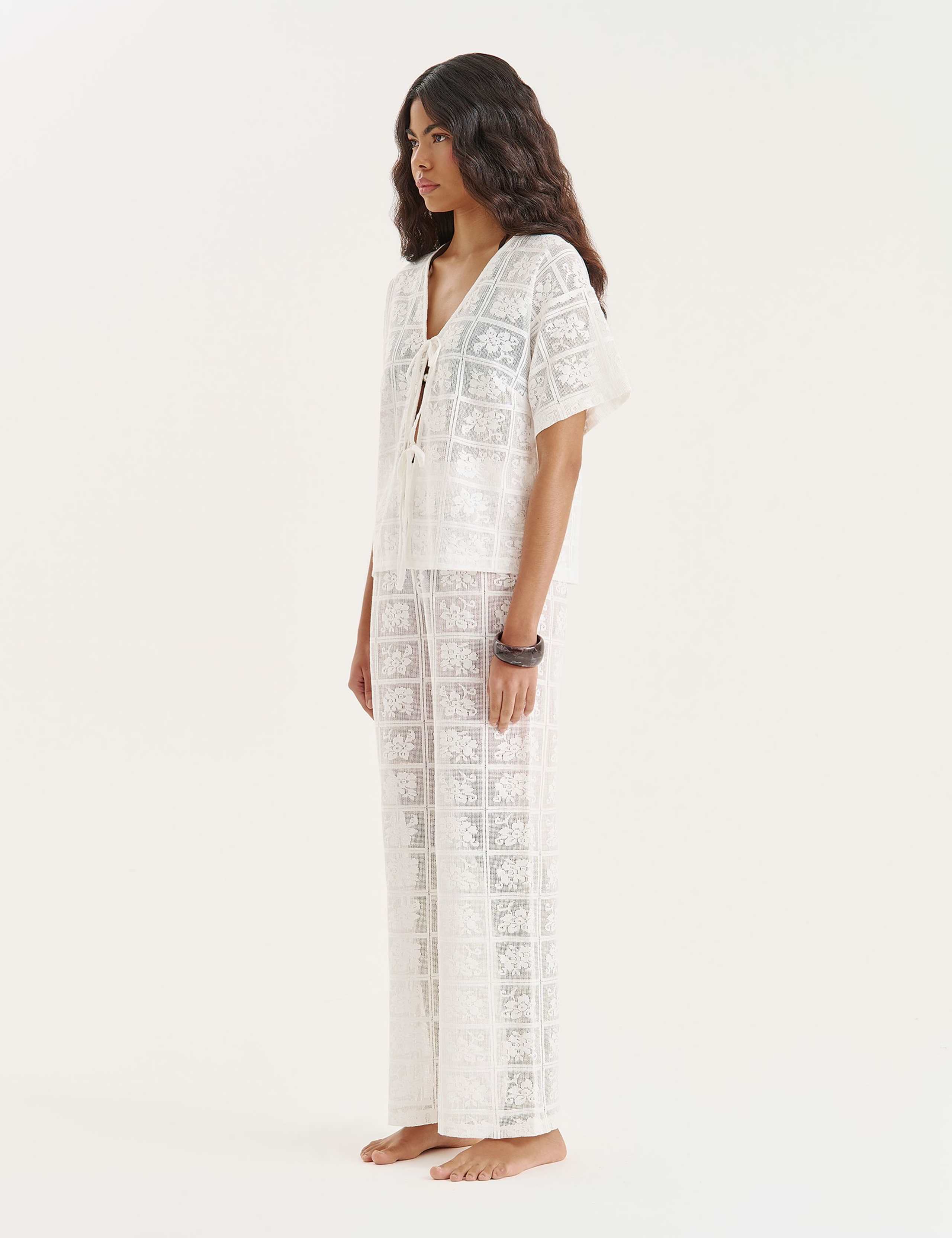 Lace Floral Tie Front Beach Cover Up Shirt 3 of 5