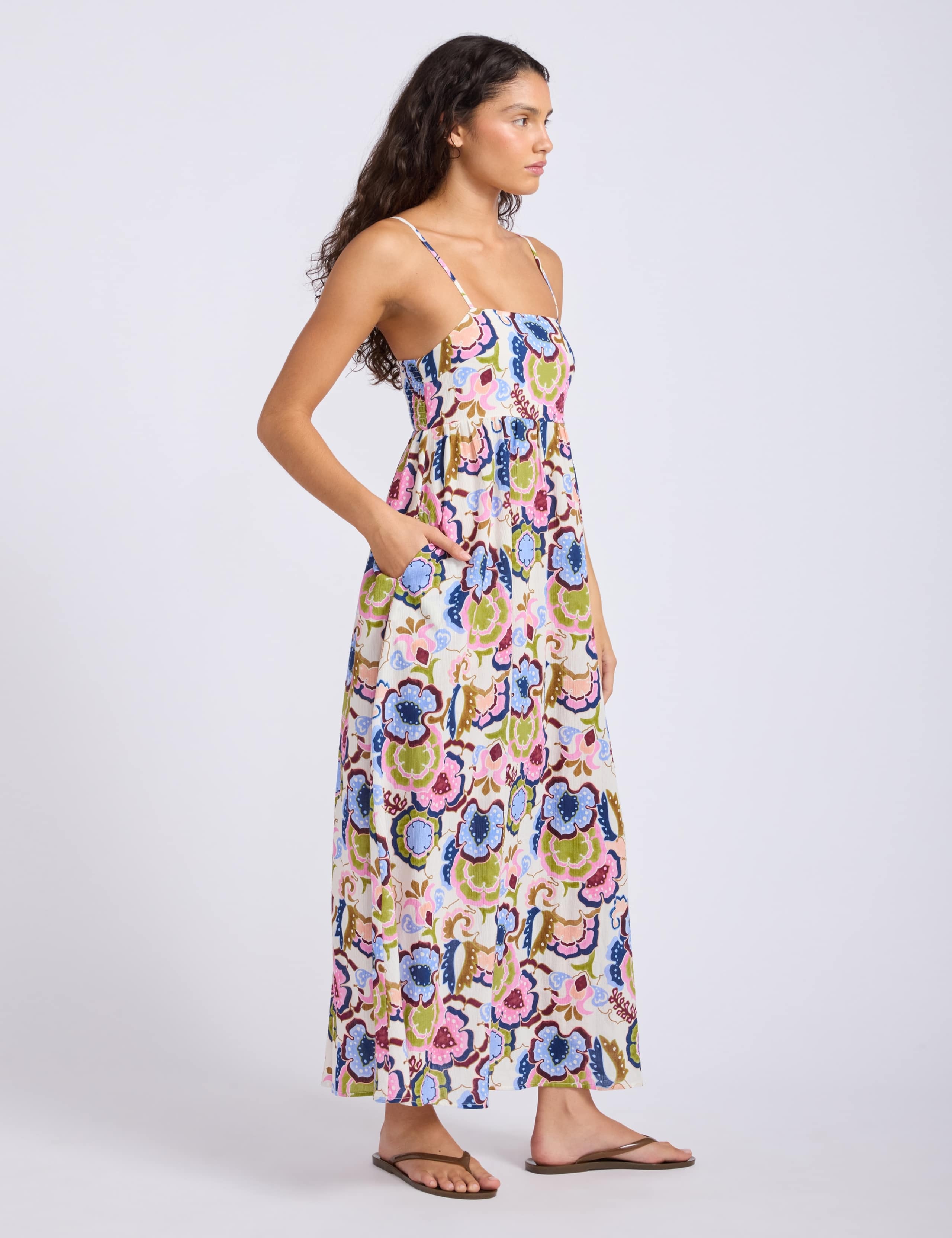 Pure Cotton Floral Strappy Shirred Midi Dress 2 of 4