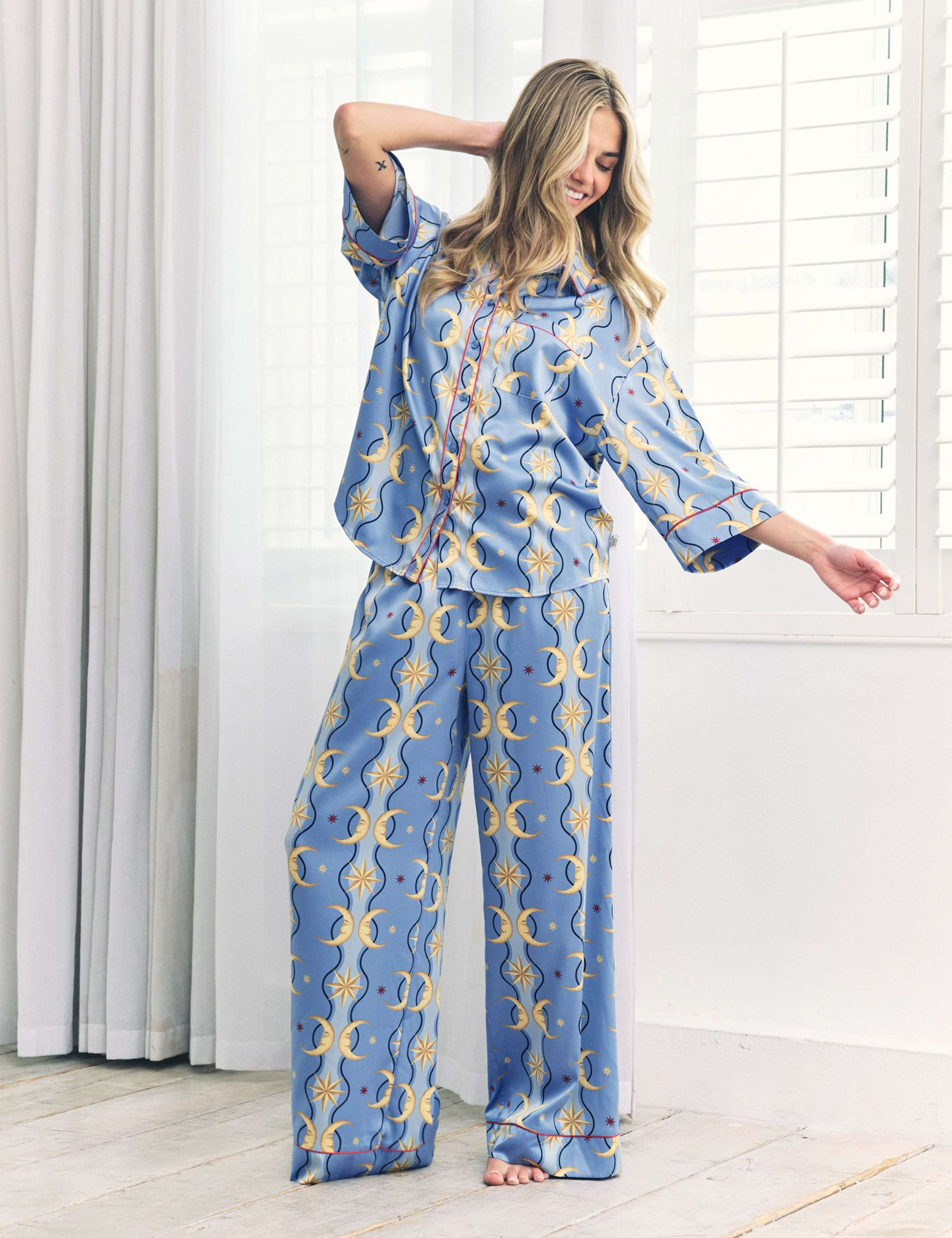 Satin Moon Stripe Print Button Up Pyjamas 1 of 12