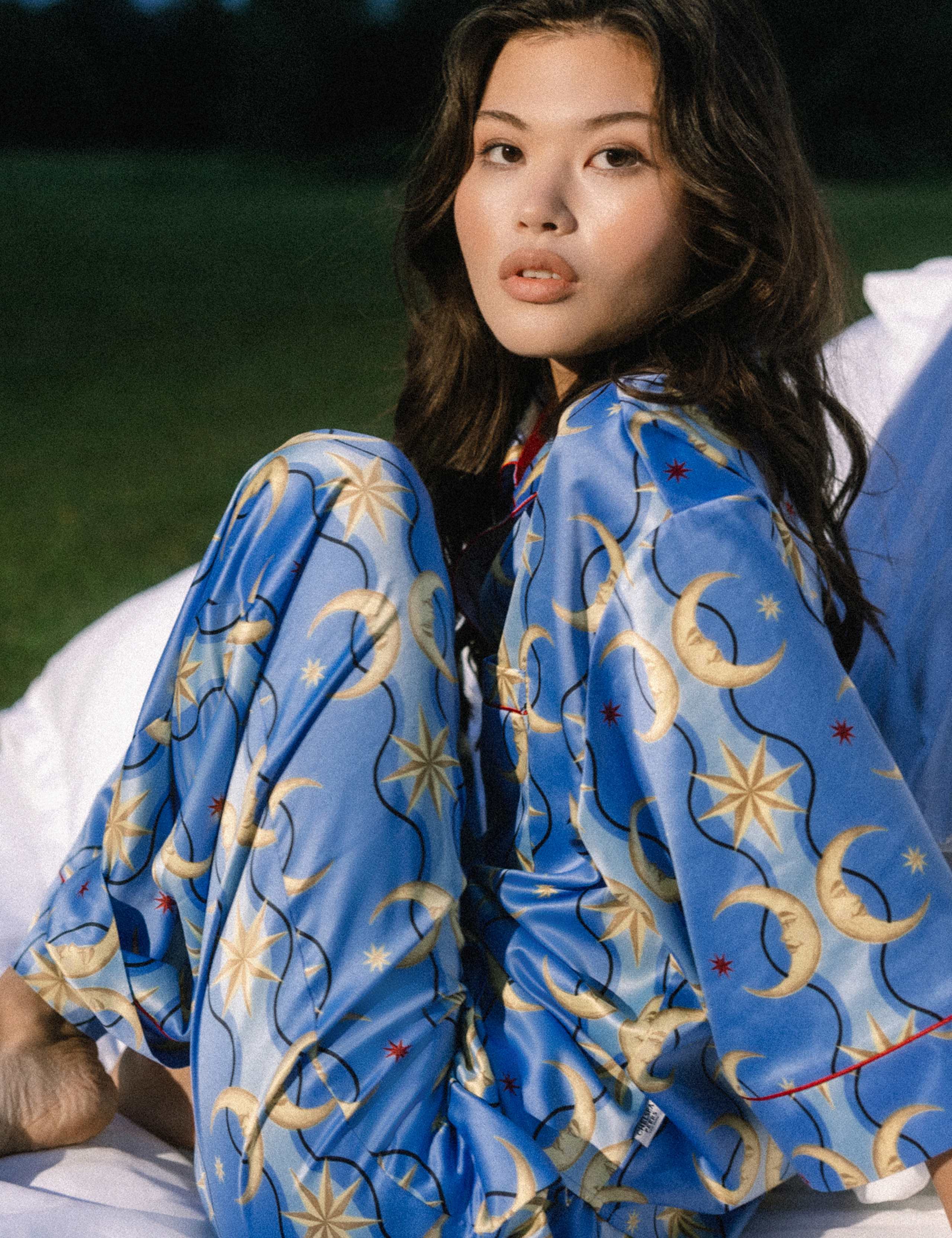 Satin Moon Stripe Print Button Up Pyjamas 10 of 12