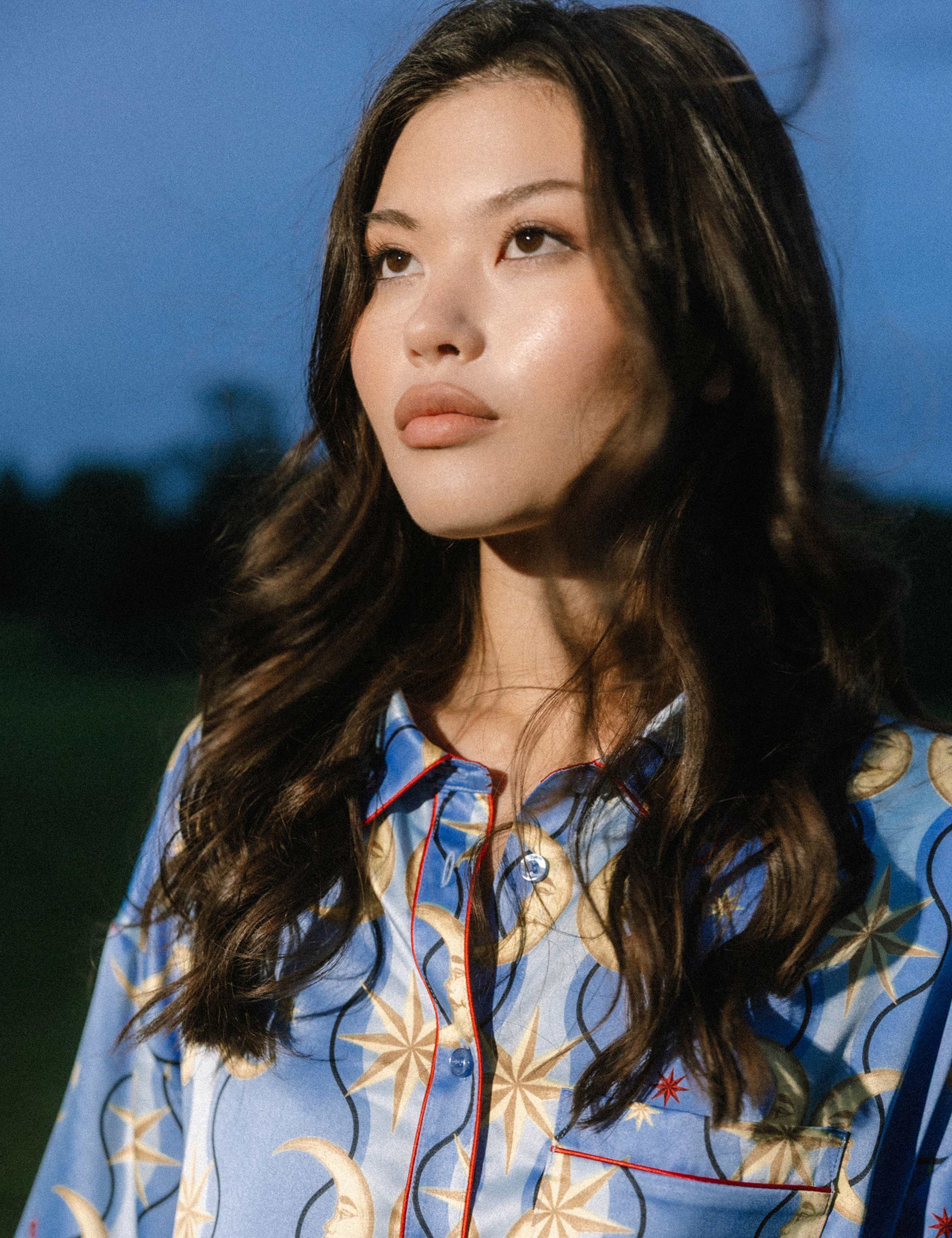 Satin Moon Stripe Print Button Up Pyjamas 12 of 12