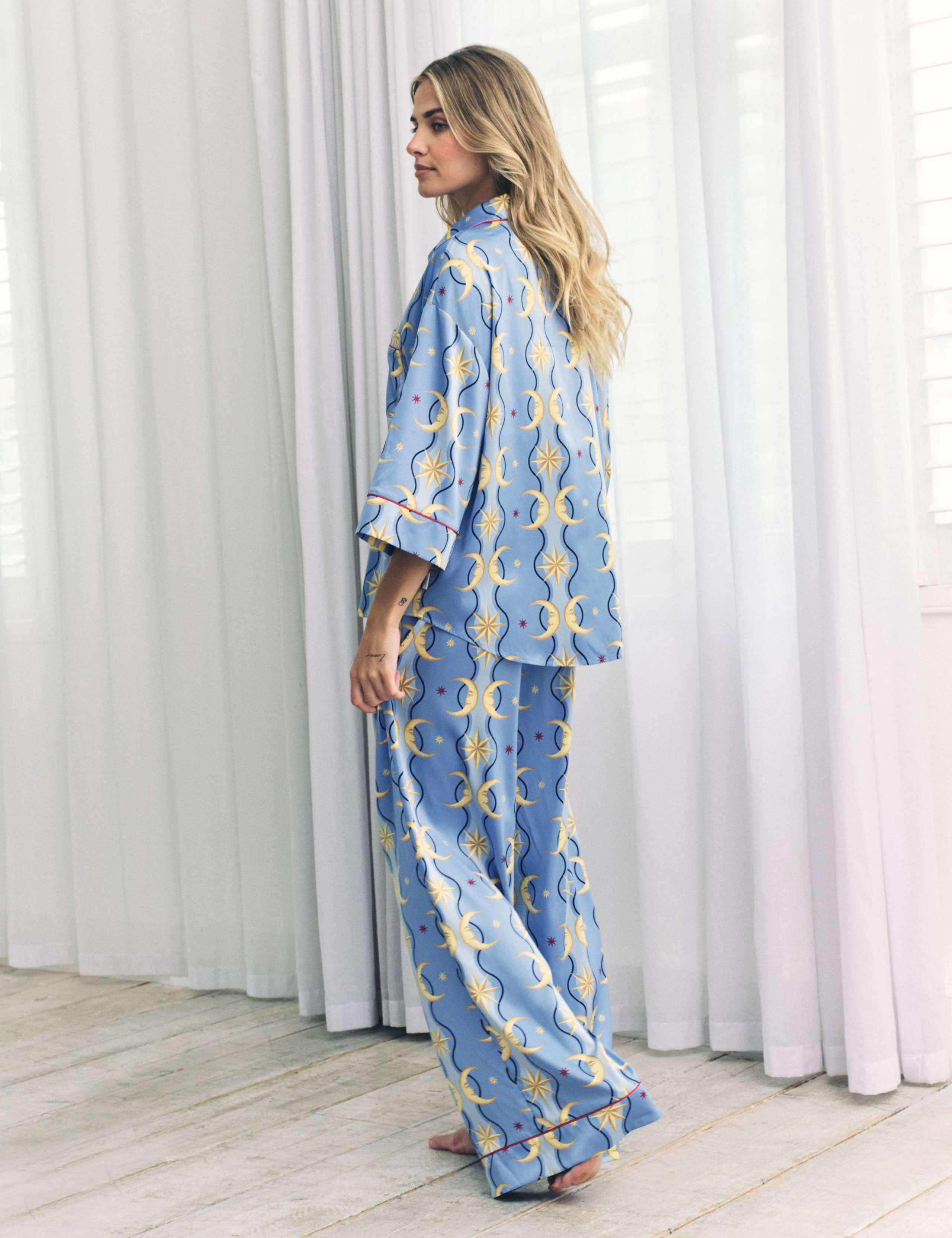 Satin Moon Stripe Print Button Up Pyjamas 3 of 12