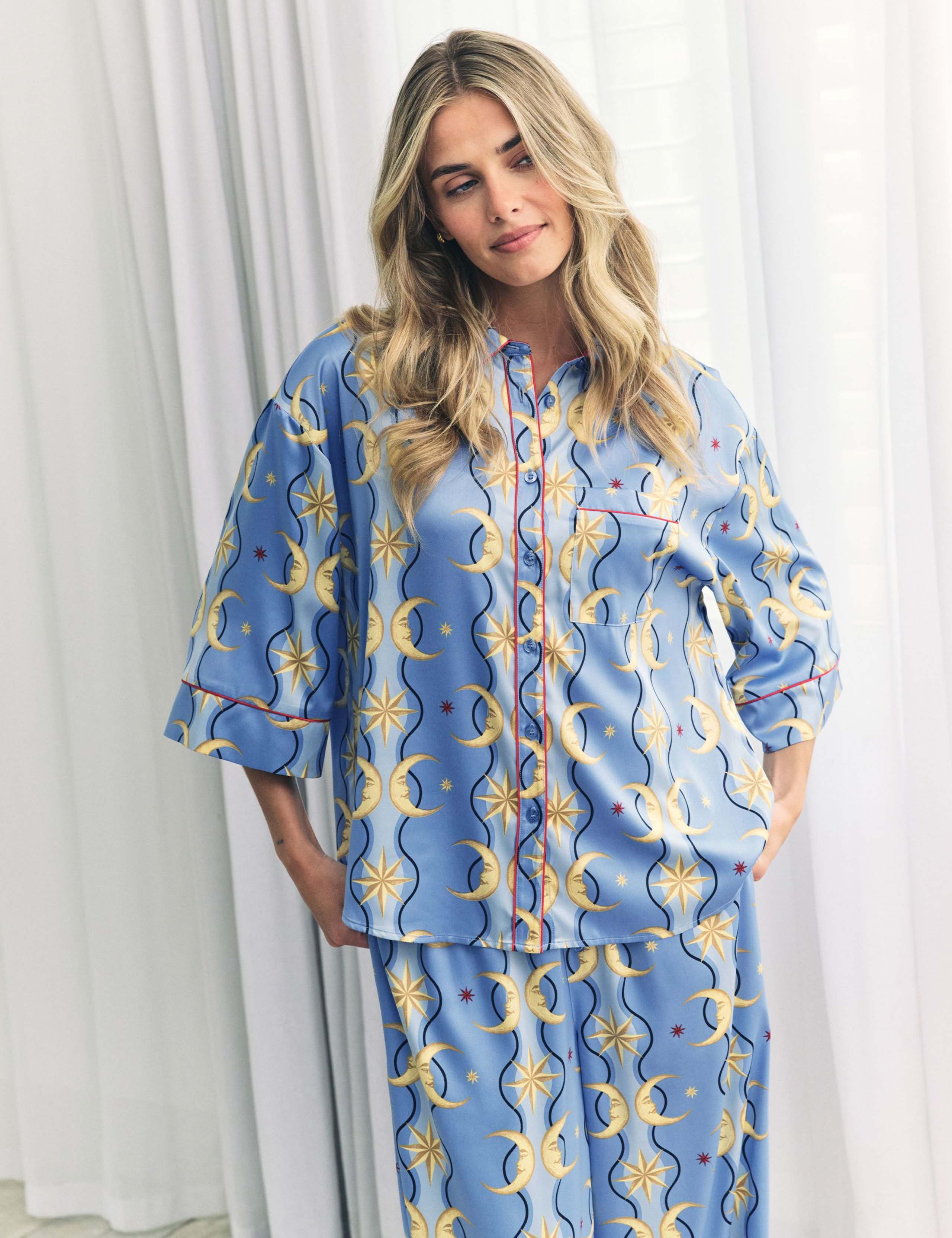 Satin Moon Stripe Print Button Up Pyjamas 5 of 12