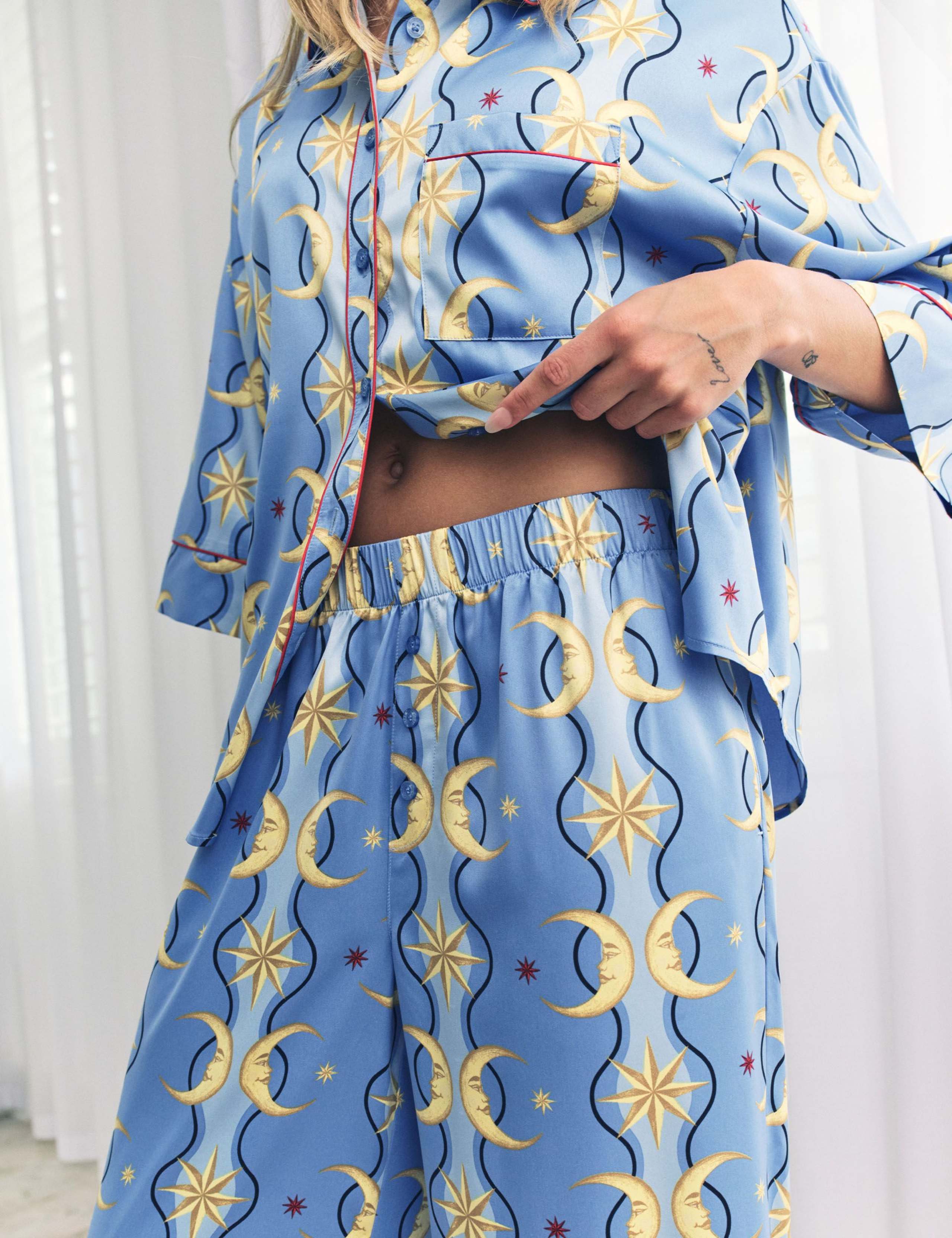 Satin Moon Stripe Print Button Up Pyjamas 6 of 12