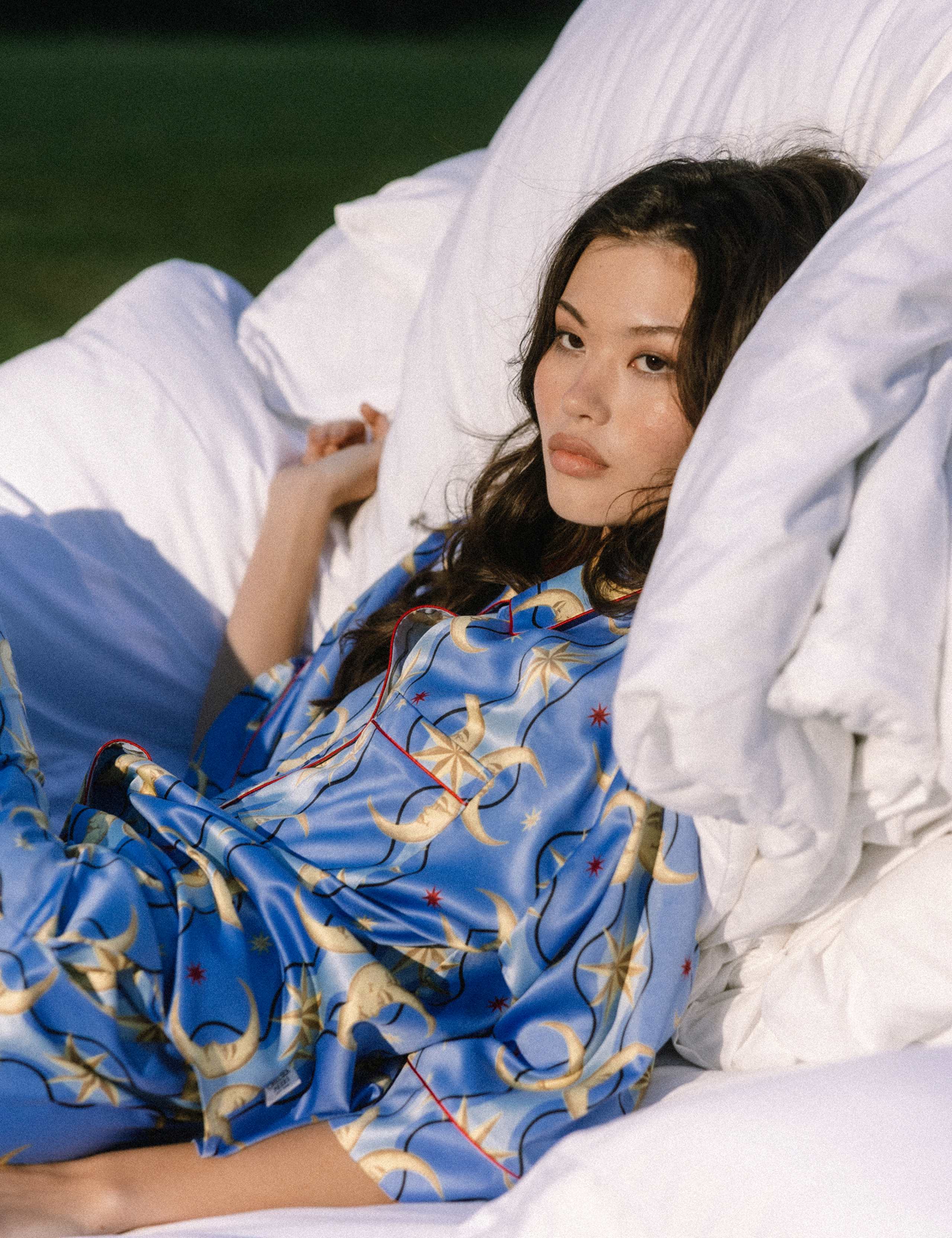 Satin Moon Stripe Print Button Up Pyjamas 9 of 12